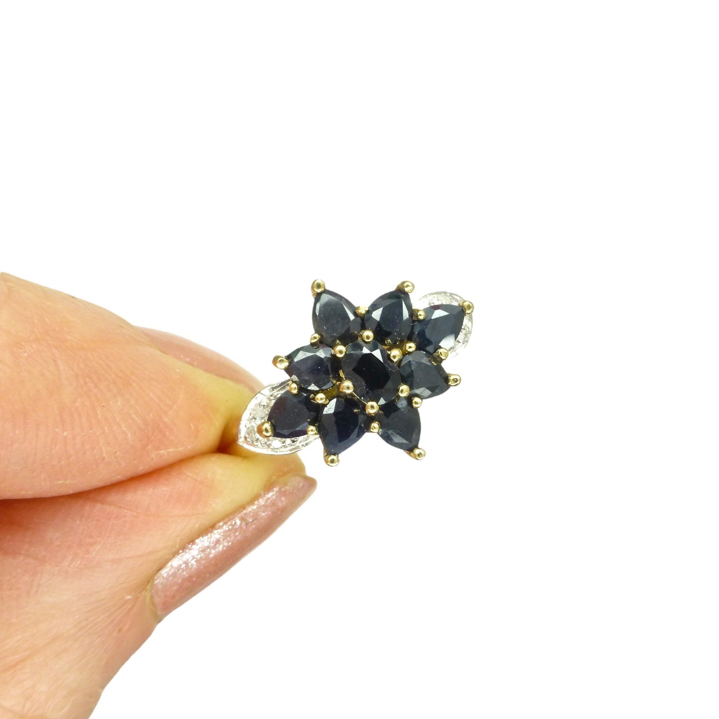 Vintage 9ct Sapphire and diamond flower cluster ring