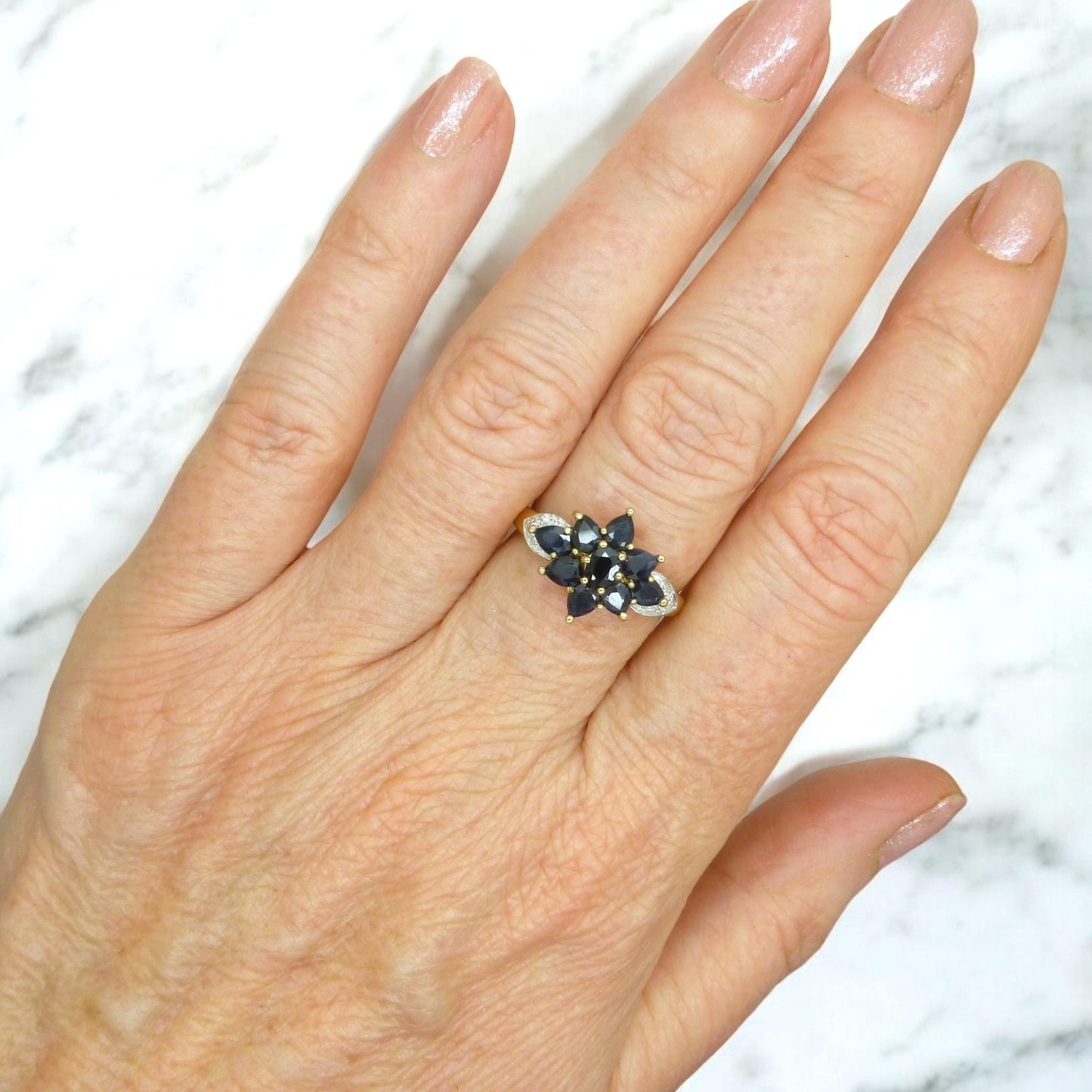 Vintage 9ct Sapphire and diamond flower cluster ring