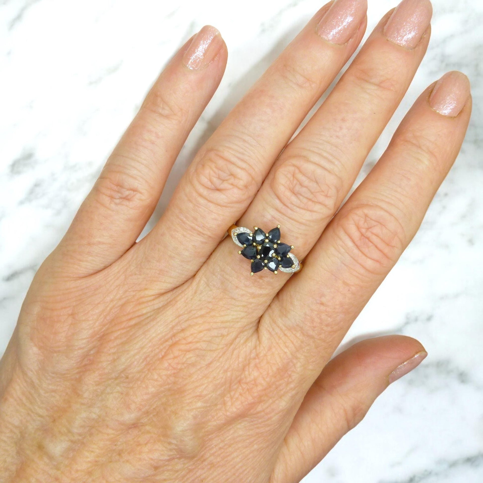Vintage 9ct Sapphire and diamond flower cluster ring