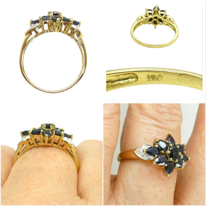 Vintage 9ct Sapphire and diamond flower cluster ring