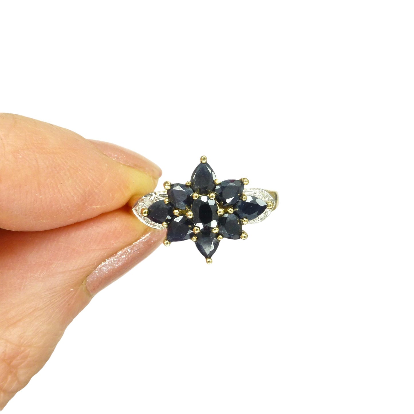 Vintage 9ct Sapphire and diamond flower cluster ring