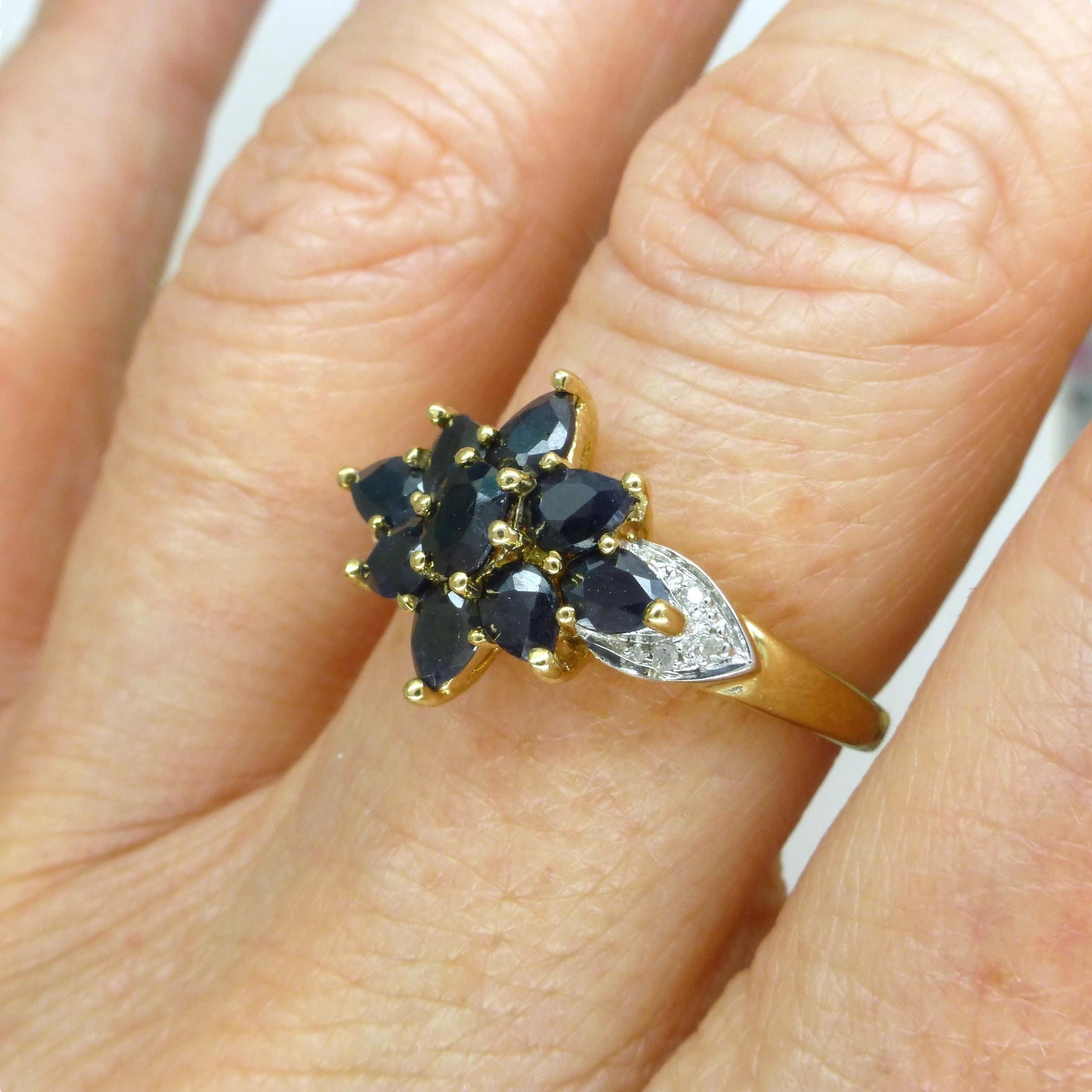 Vintage 9ct Sapphire and diamond flower cluster ring