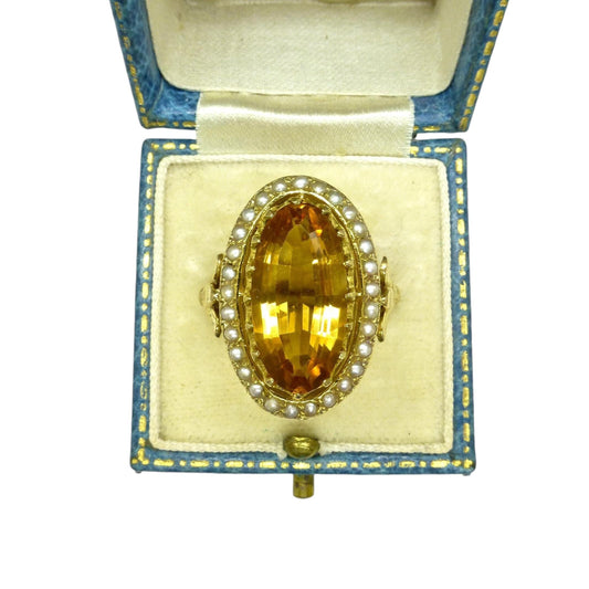Vintage 9ct large golden citrine & pearl ring c1960's ~ Statement dress ring