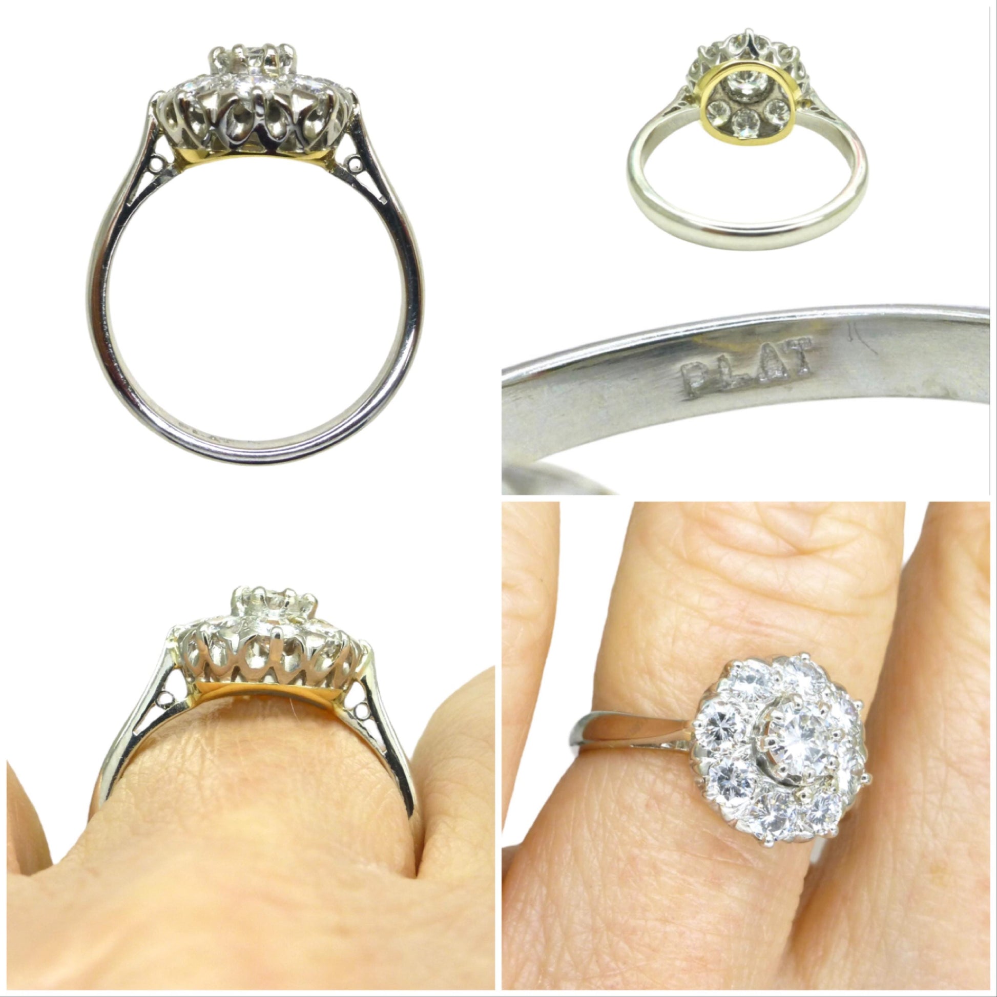 Vintage Platinum natural diamond cluster engagement ring 0.80 carat