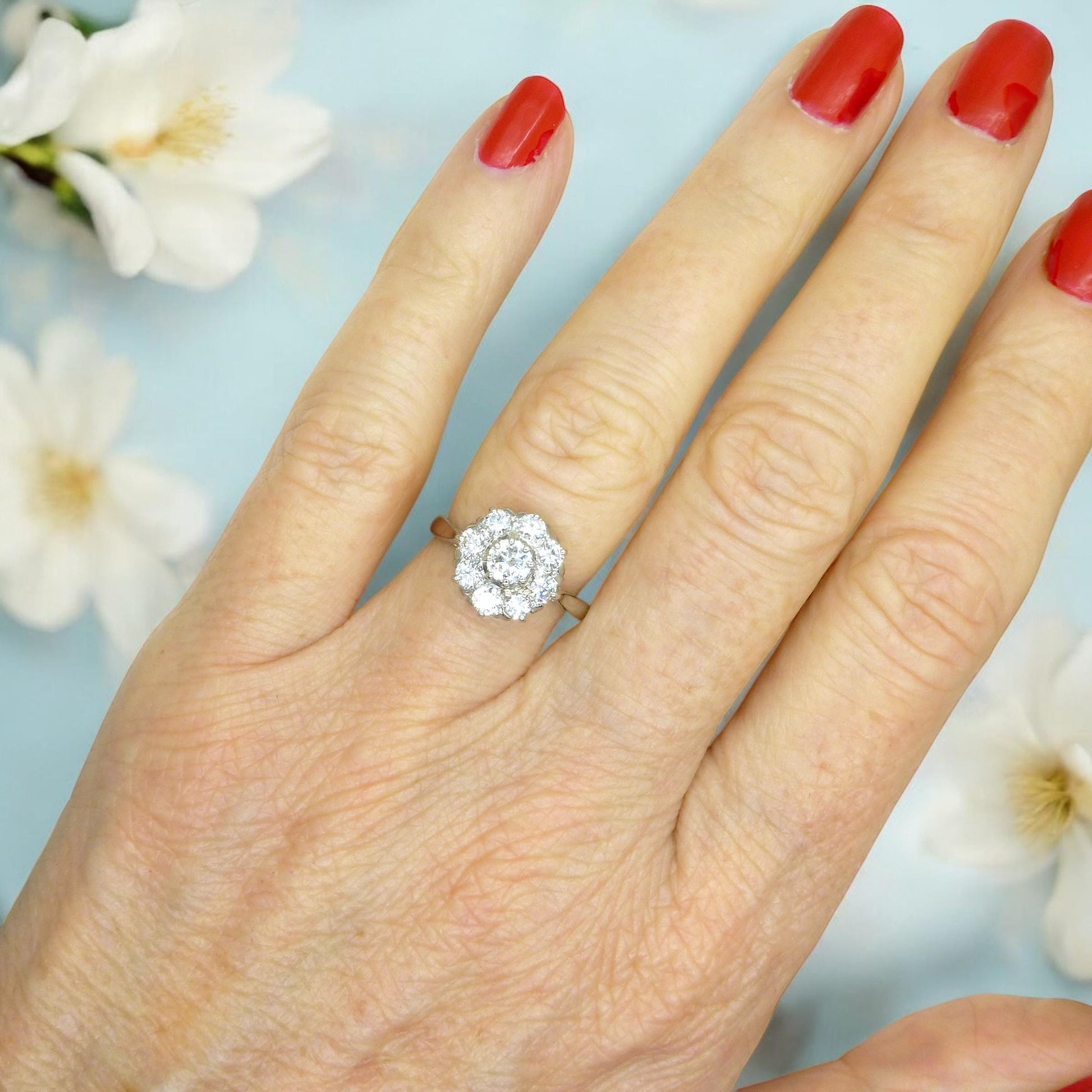 Vintage Platinum natural diamond cluster engagement ring 0.80 carat