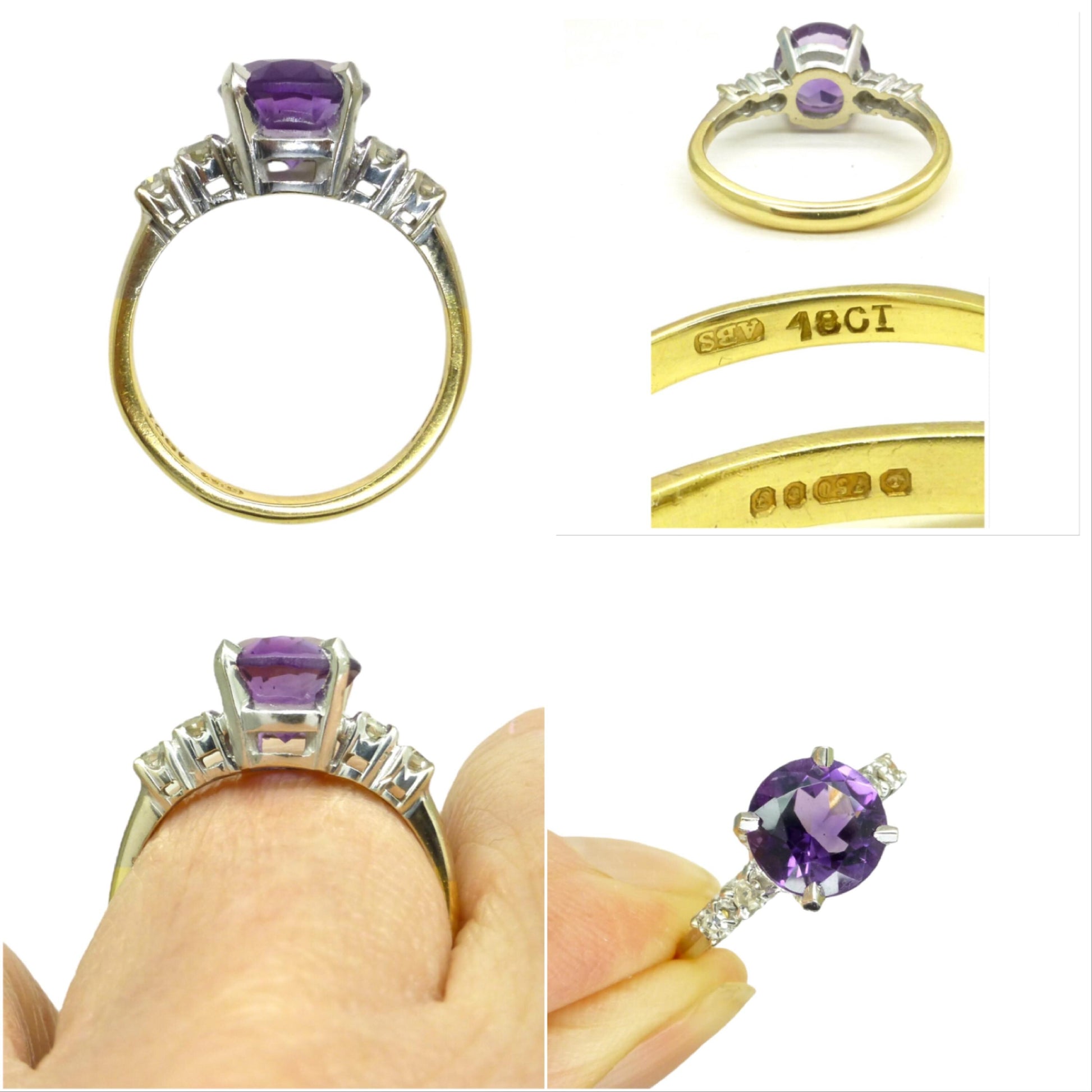Vintage solid 18ct gold Amethyst & Diamond solitaire ring 1980's