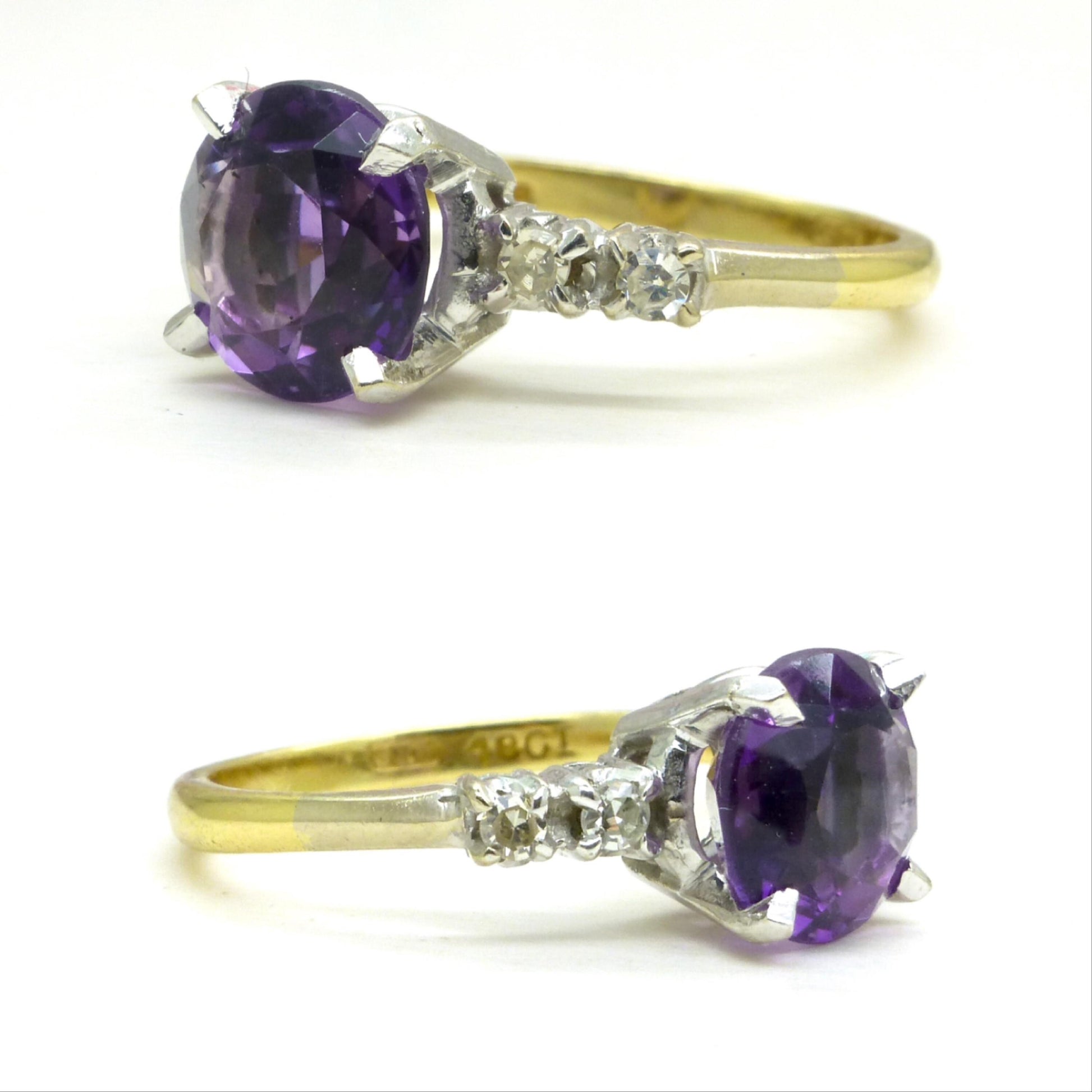 Vintage solid 18ct gold Amethyst & Diamond solitaire ring 1980's