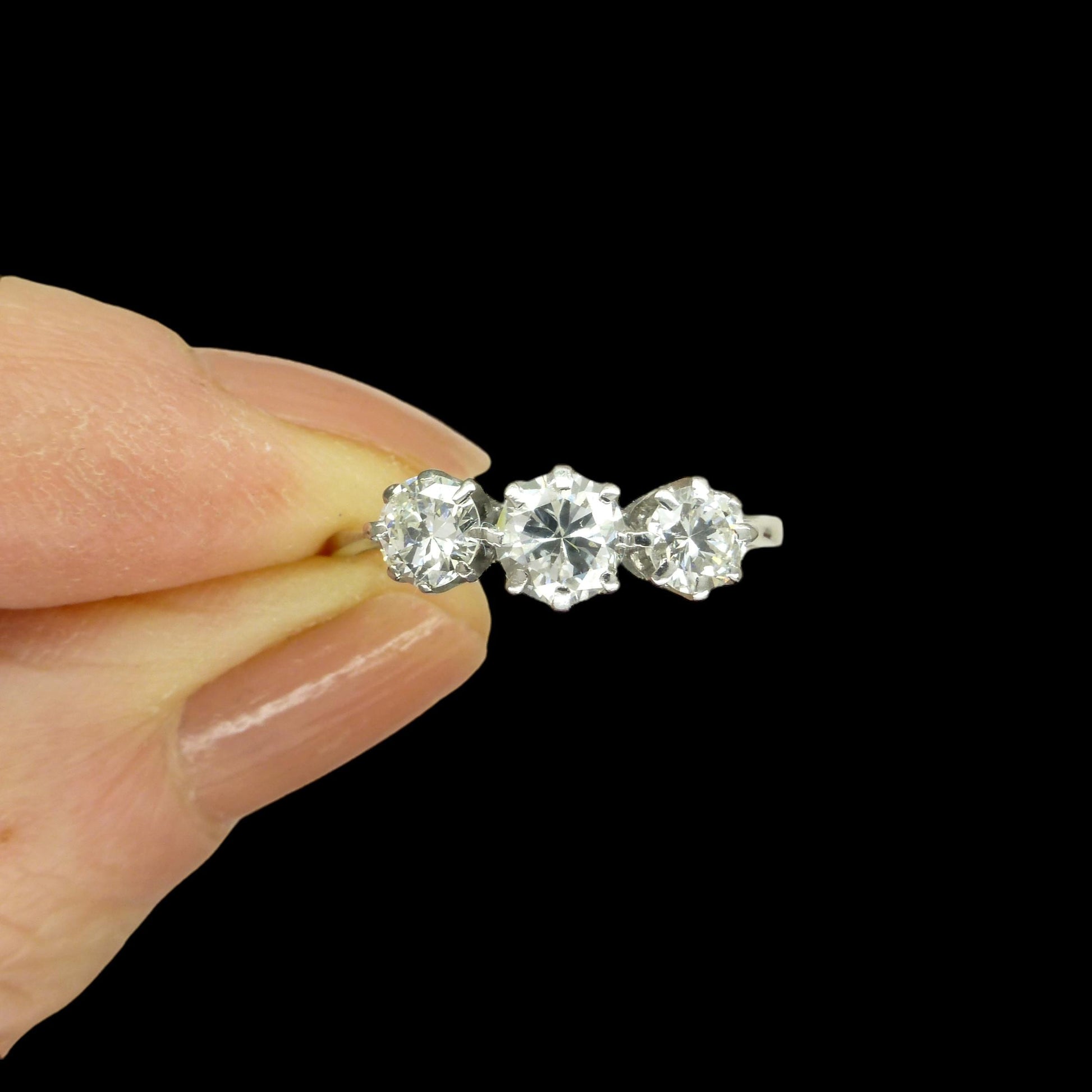 Antique Platinum natural diamond three stone trilogy ring 0.90ct