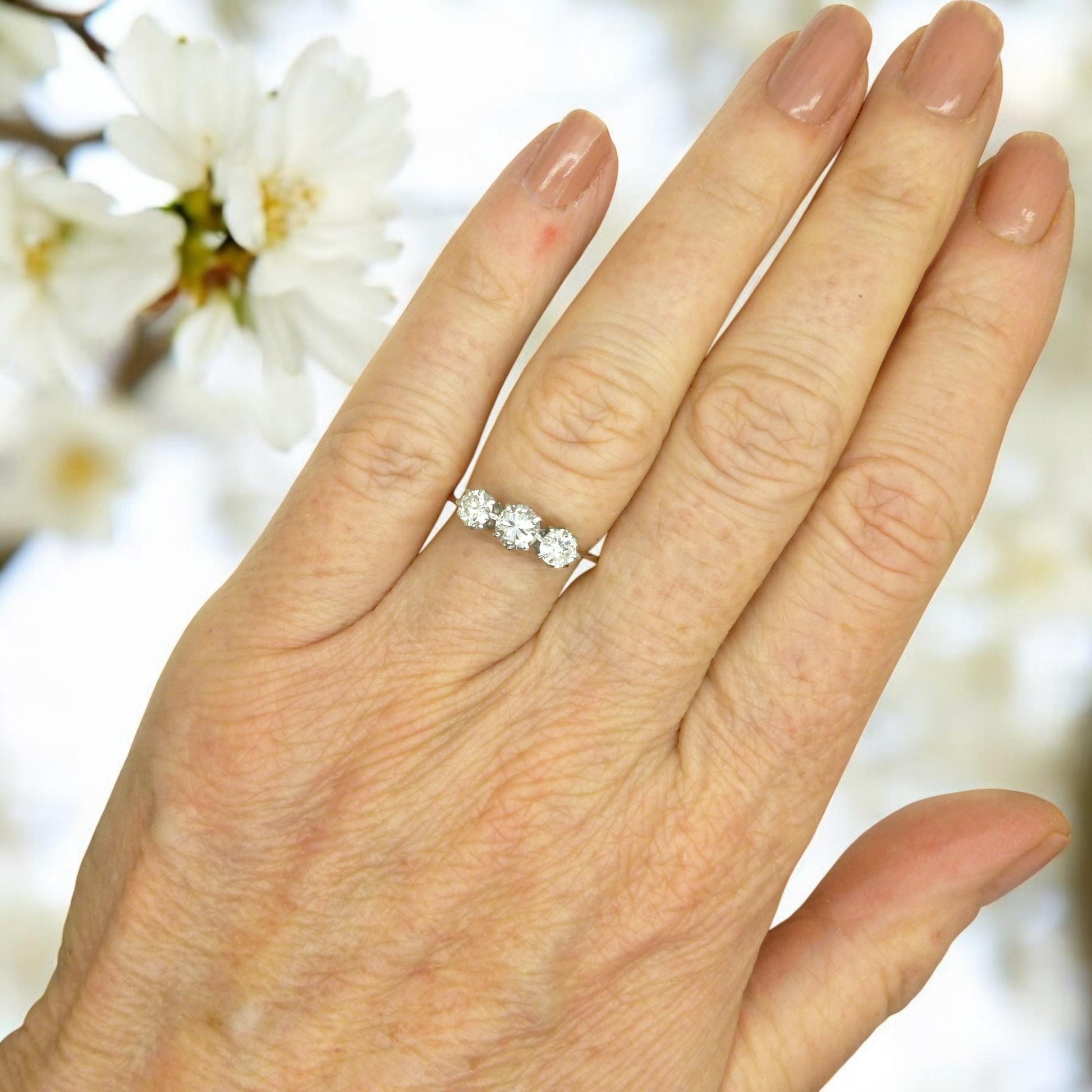 Antique Platinum natural diamond three stone trilogy ring 0.90ct