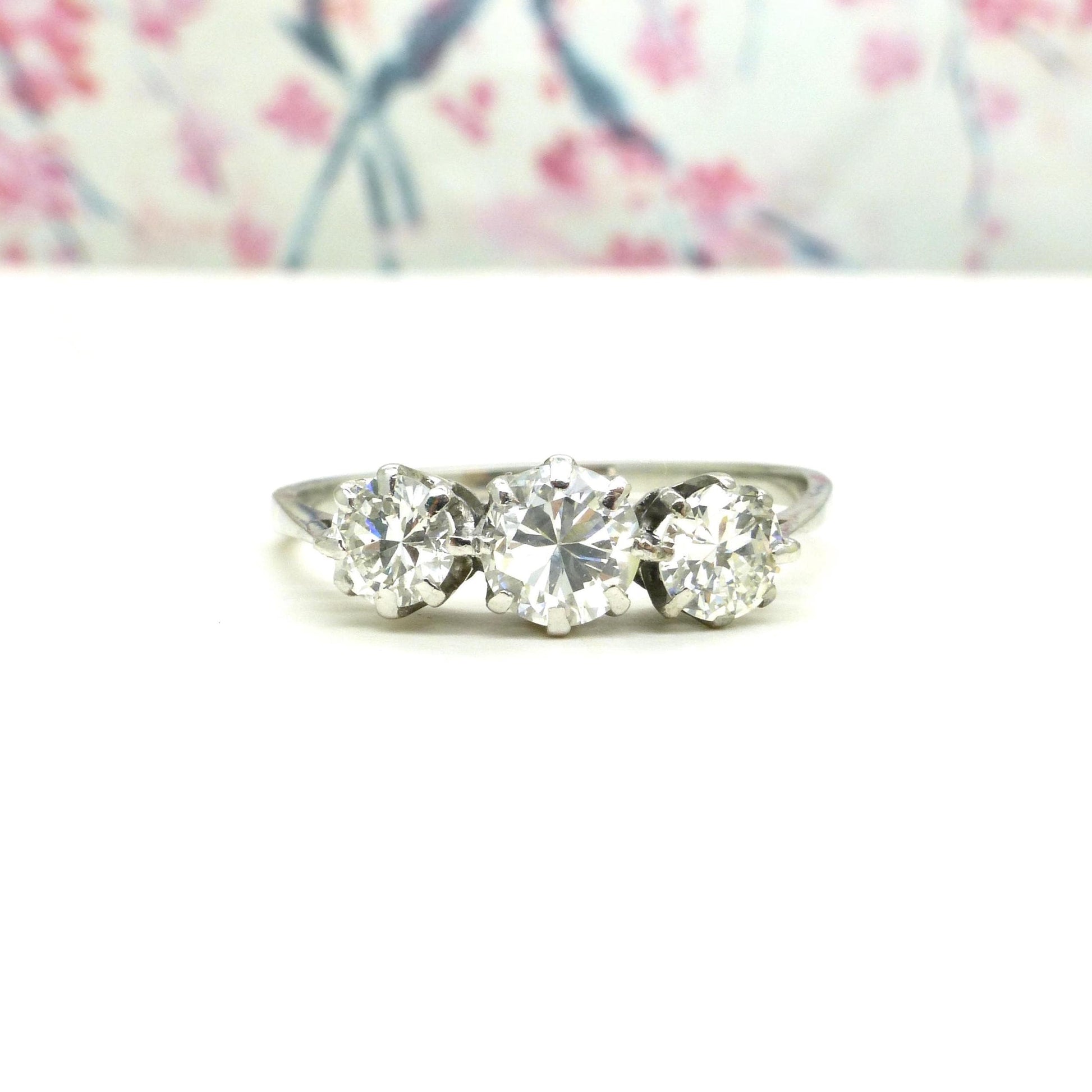 Antique Platinum natural diamond three stone trilogy ring 0.90ct