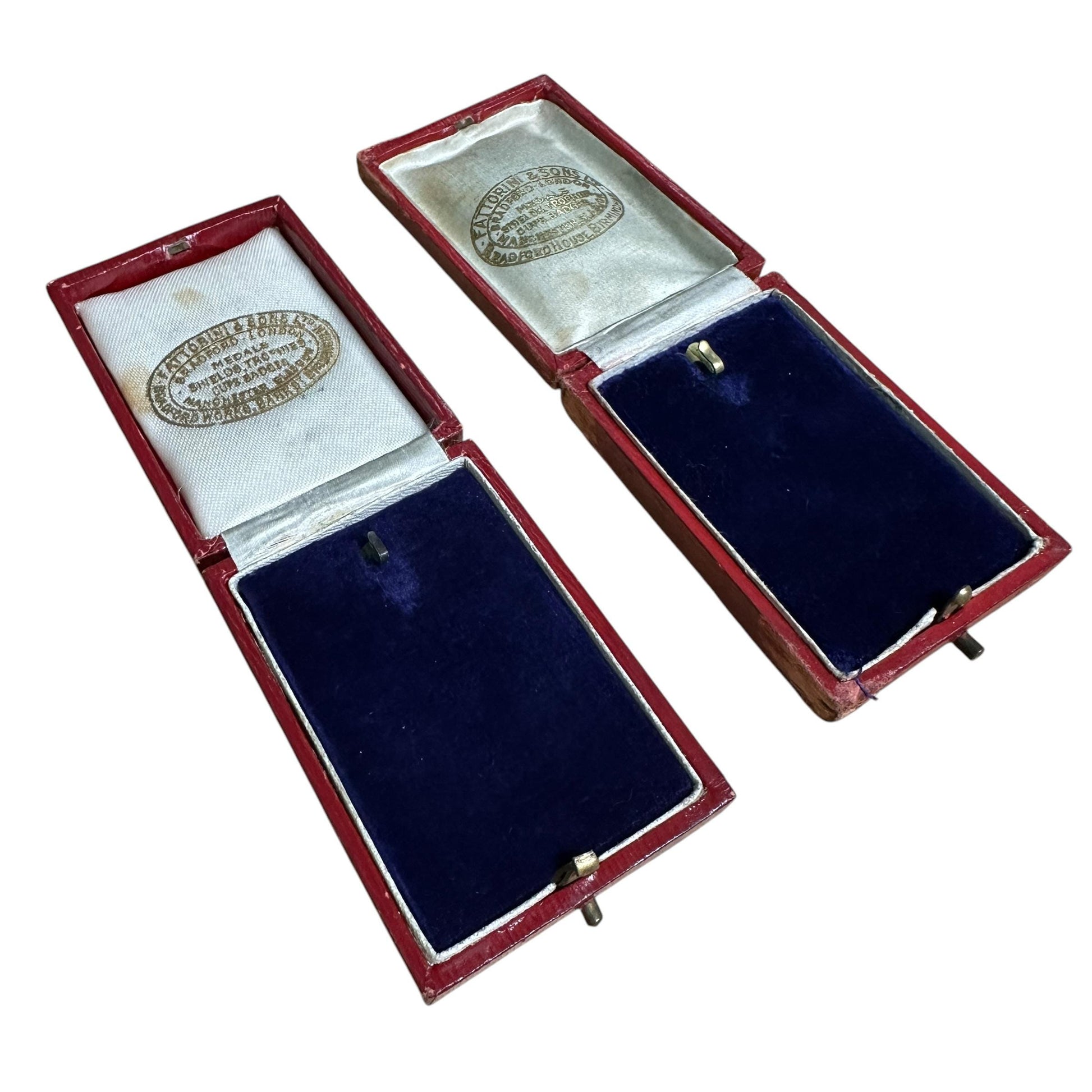 Two Antique 'Fattorini & Sons' medal - medallion - pendant - flatlay - presentation boxes ~ c1900's