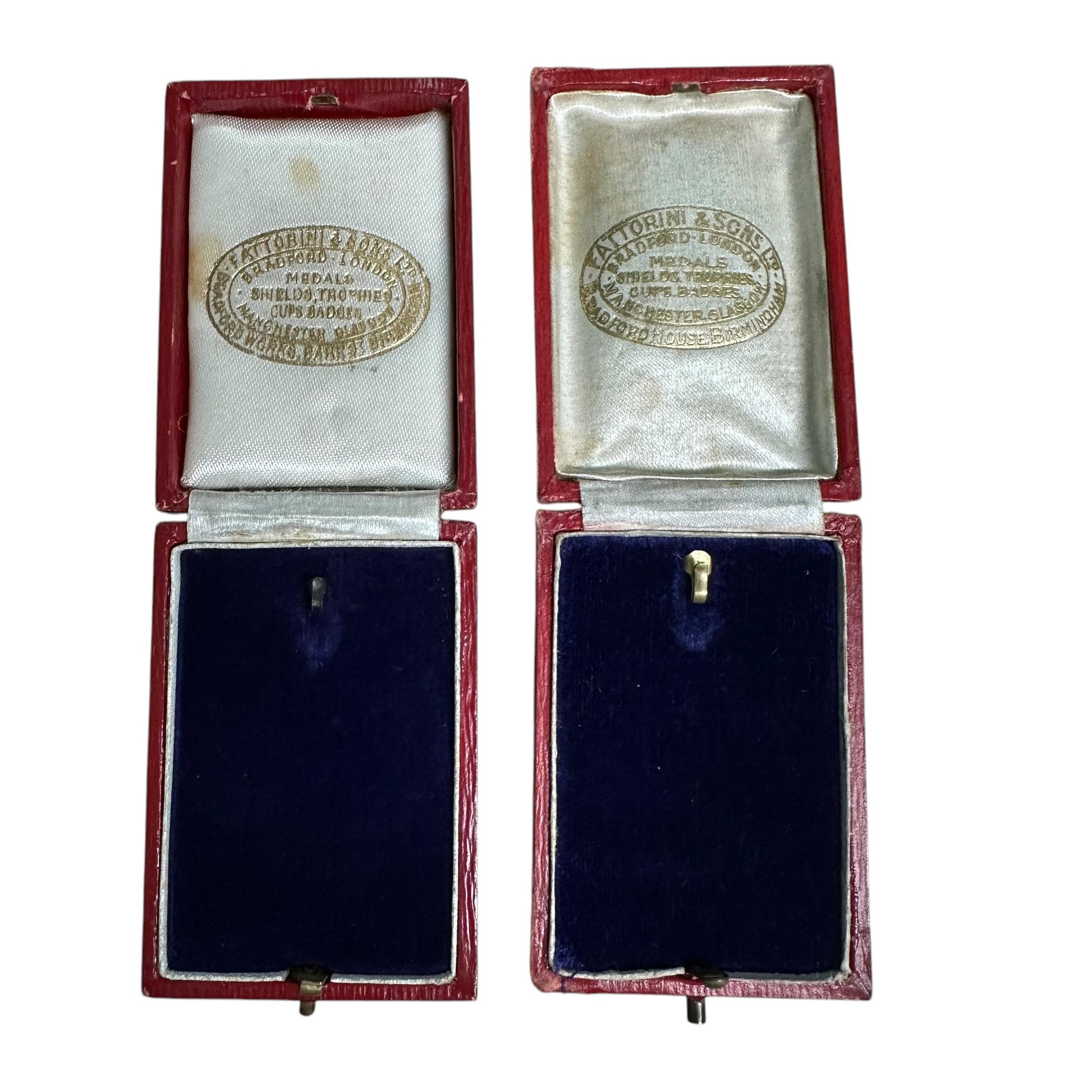 Two Antique 'Fattorini & Sons' medal - medallion - pendant - flatlay - presentation boxes ~ c1900's
