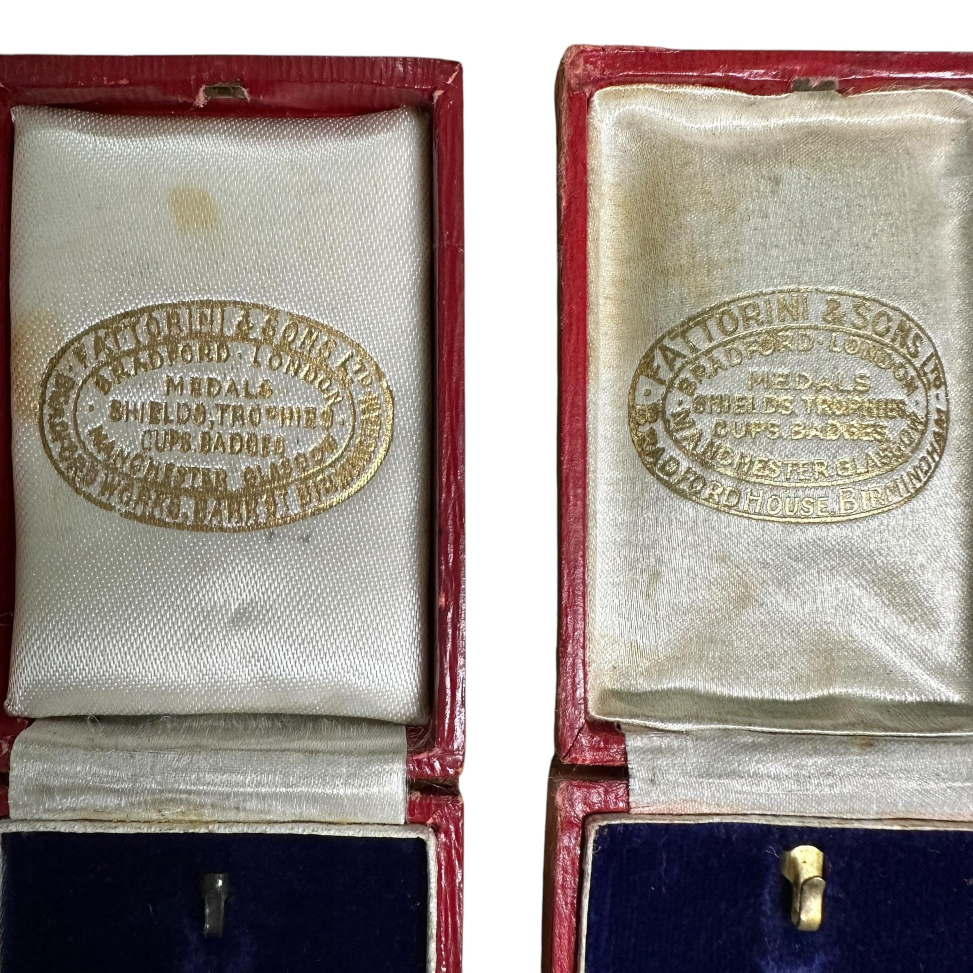 Two Antique 'Fattorini & Sons' medal - medallion - pendant - flatlay - presentation boxes ~ c1900's