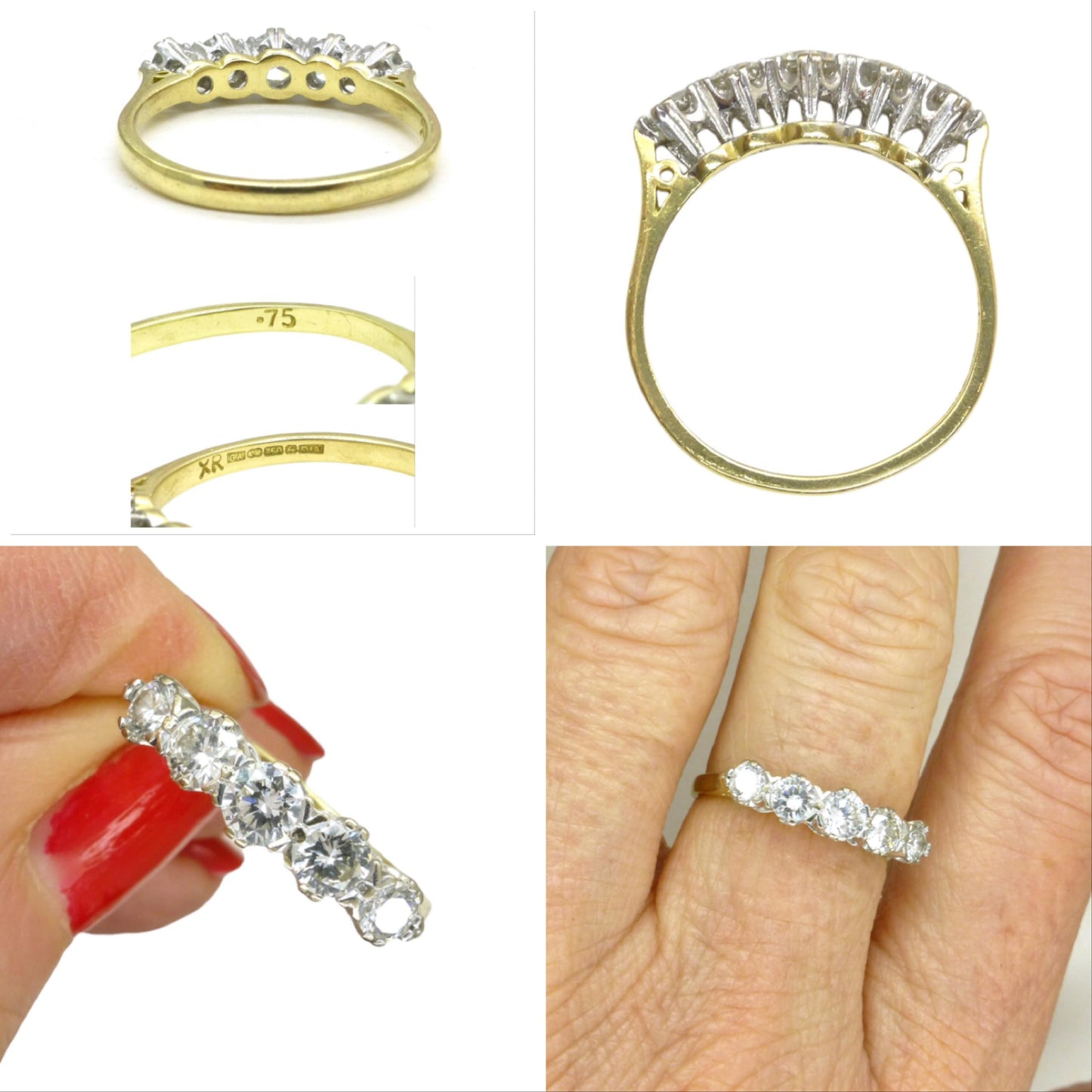 Vintage 18ct gold natural brilliant cut diamond five stone ring 0.75ct