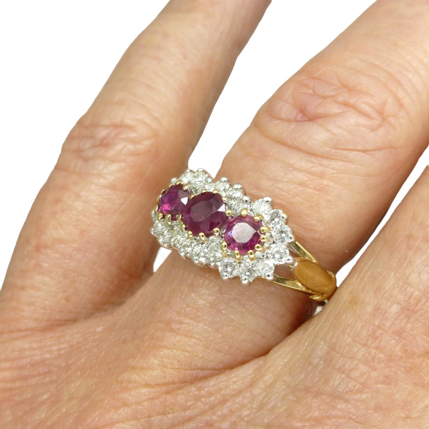 Vintage 9ct ruby & diamond trilogy cluster ring ~ engagement ~ anniversary