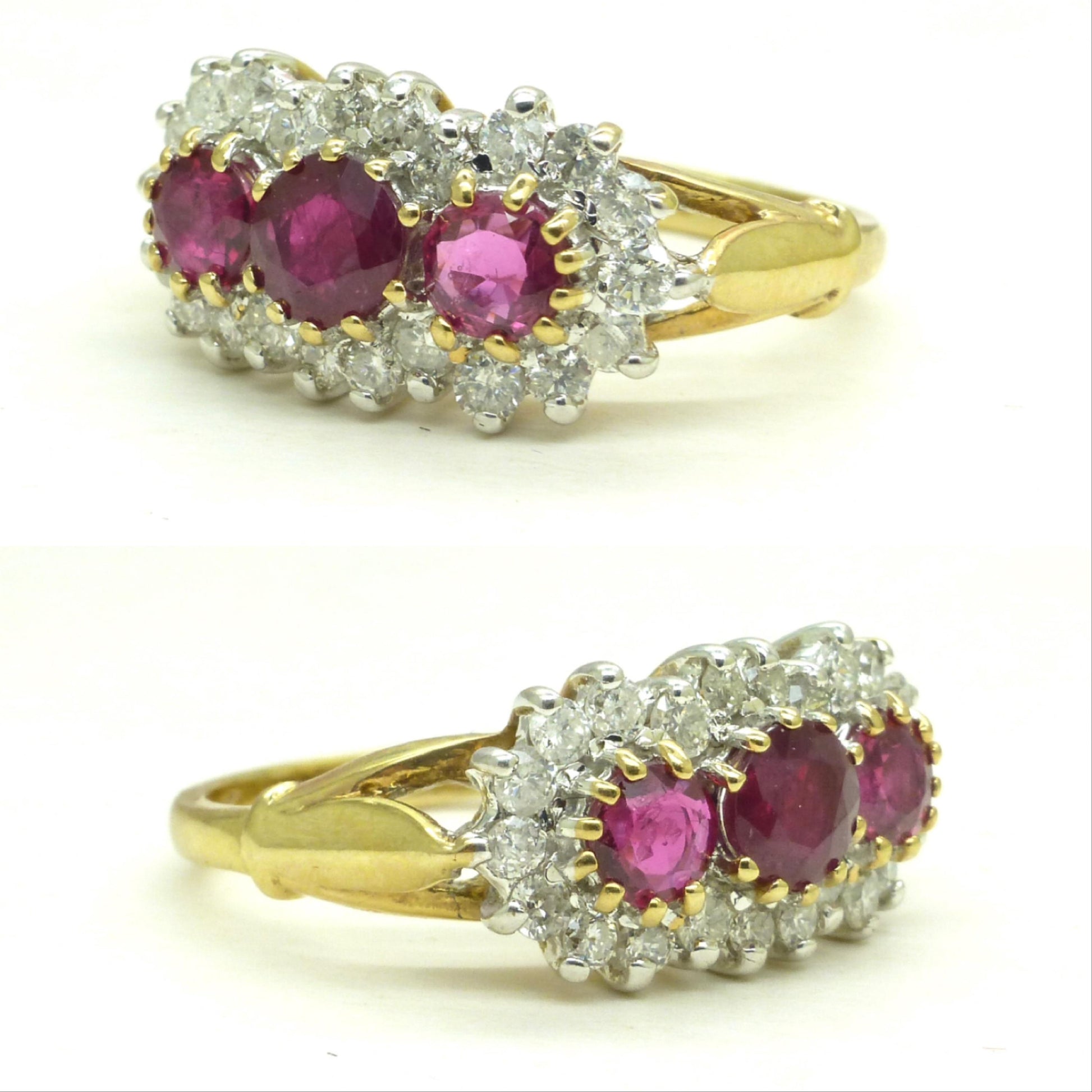 Vintage 9ct ruby & diamond trilogy cluster ring ~ engagement ~ anniversary