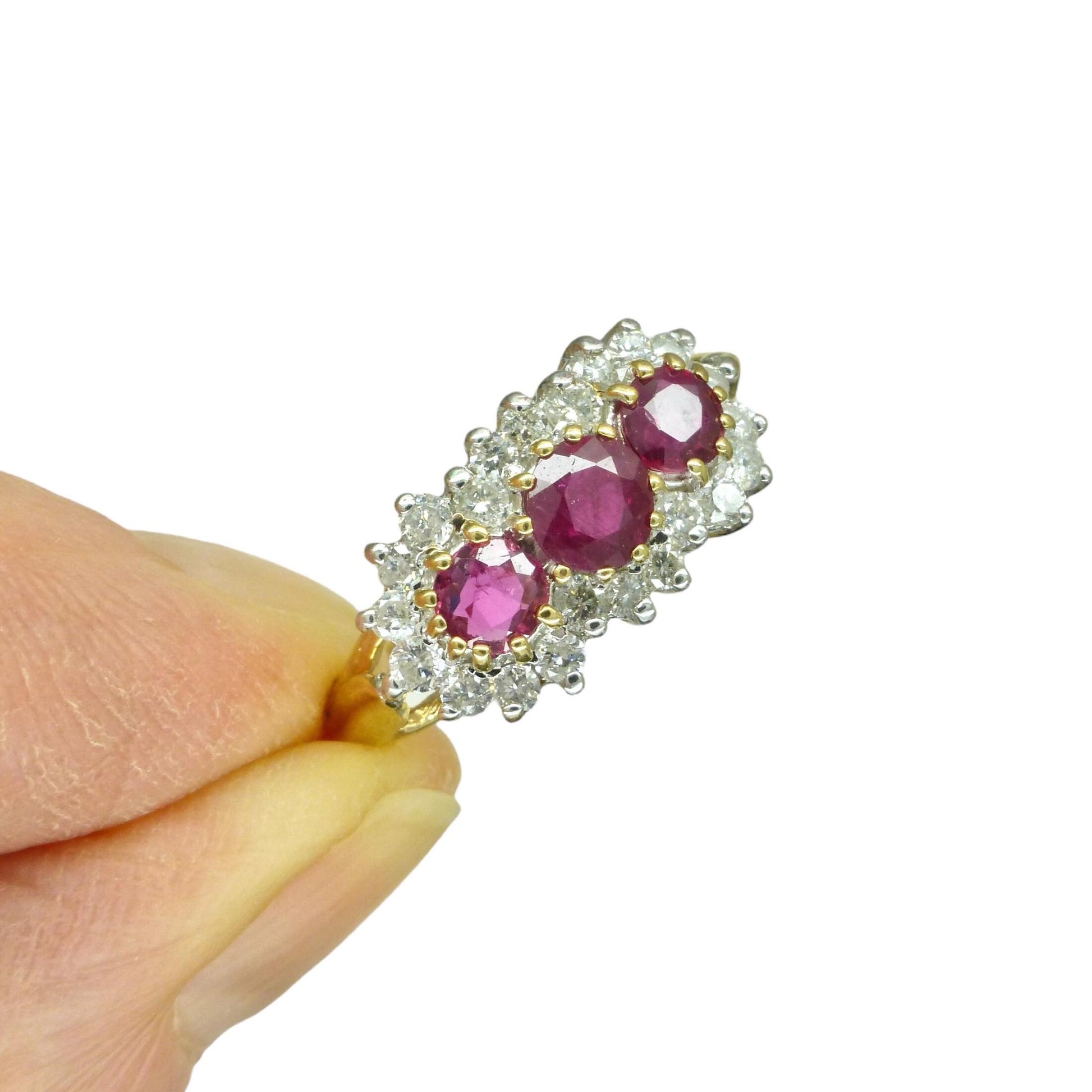 Vintage 9ct ruby & diamond trilogy cluster ring ~ engagement ~ anniversary