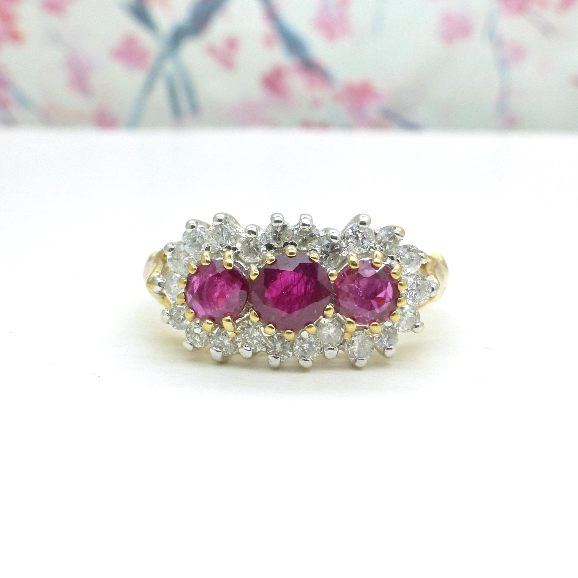 Vintage 9ct ruby & diamond trilogy cluster ring ~ engagement ~ anniversary