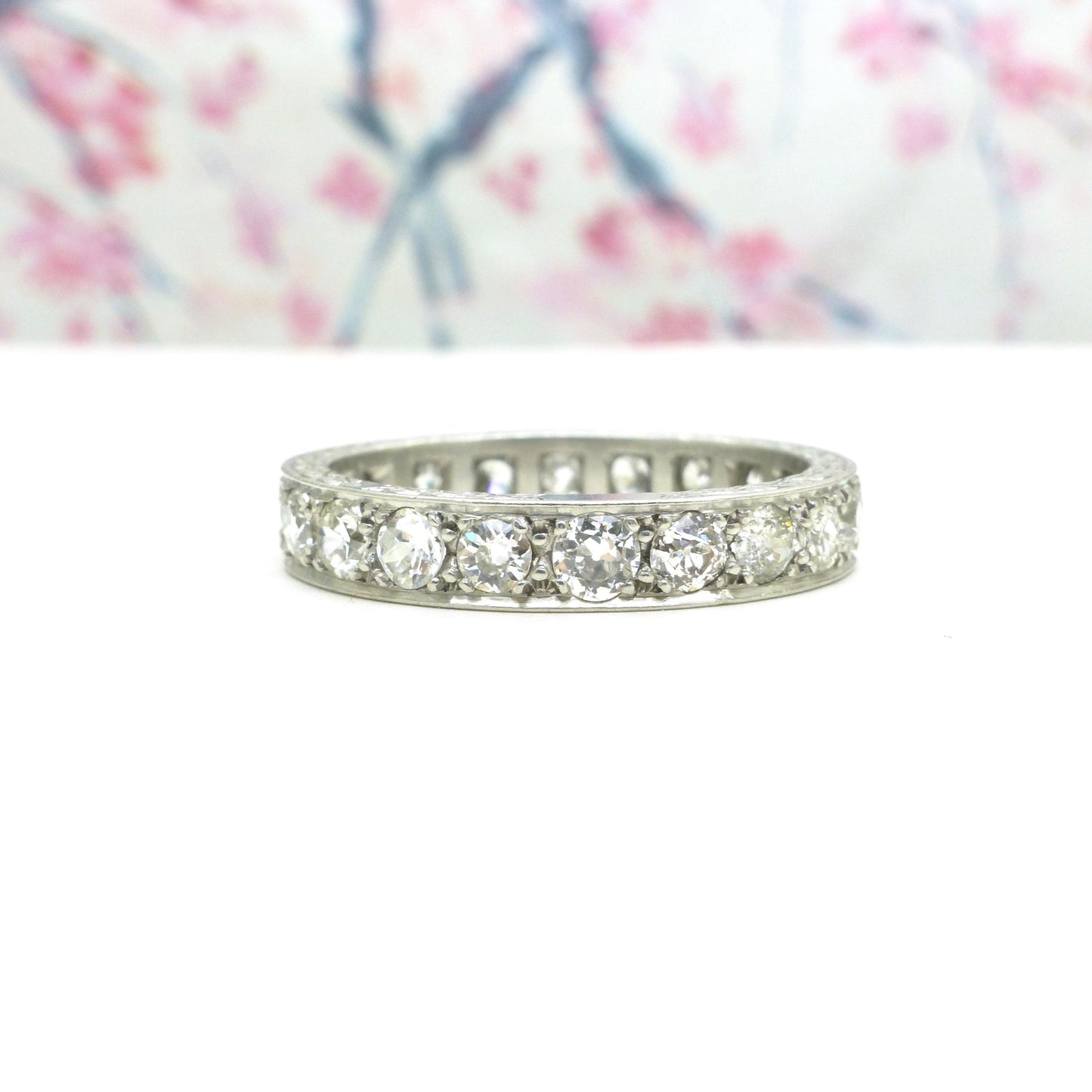 Art Deco old cut Diamond full hoop, engraved eternity wedding band 1.60ct - 1920's