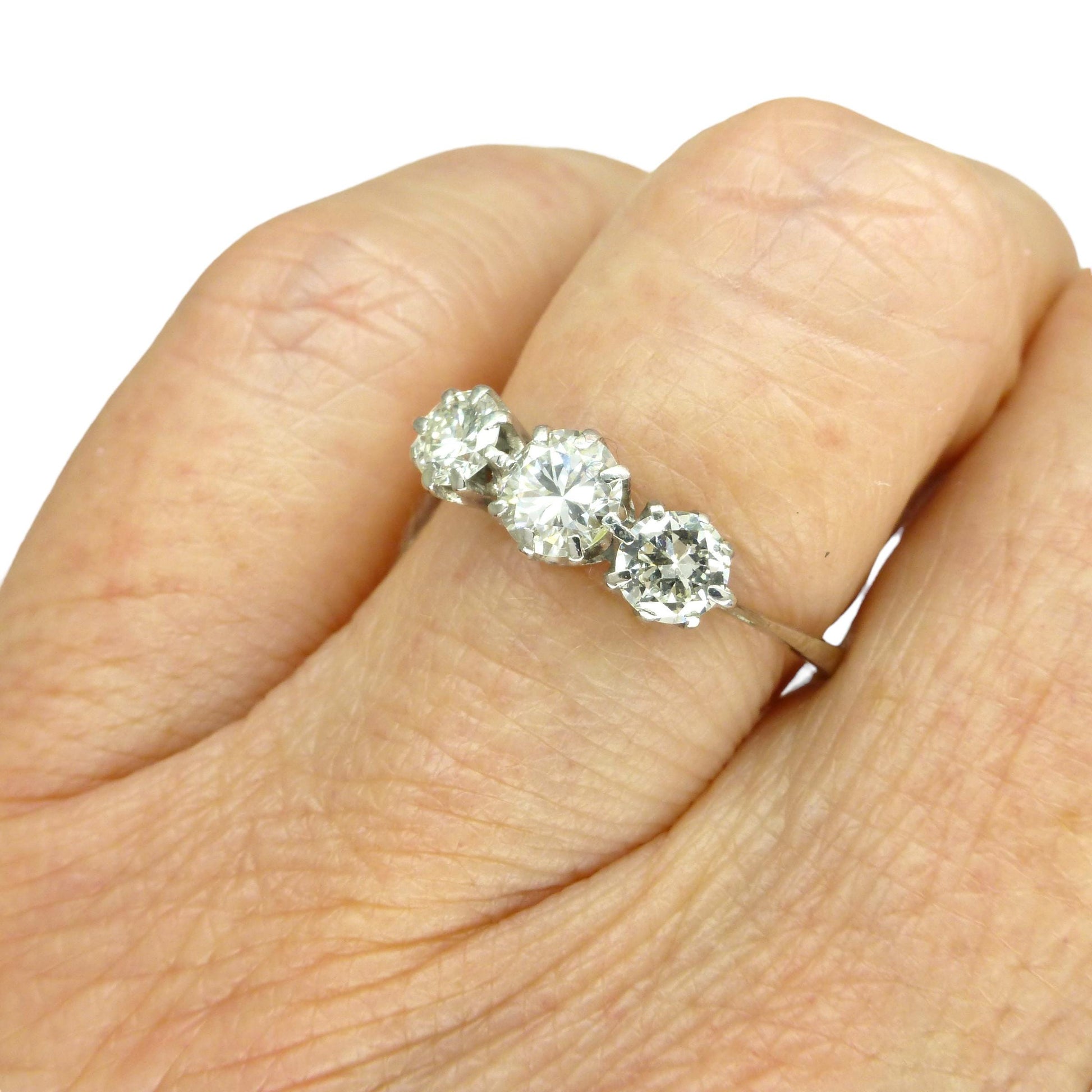 Antique Platinum natural diamond three stone trilogy ring 0.90ct