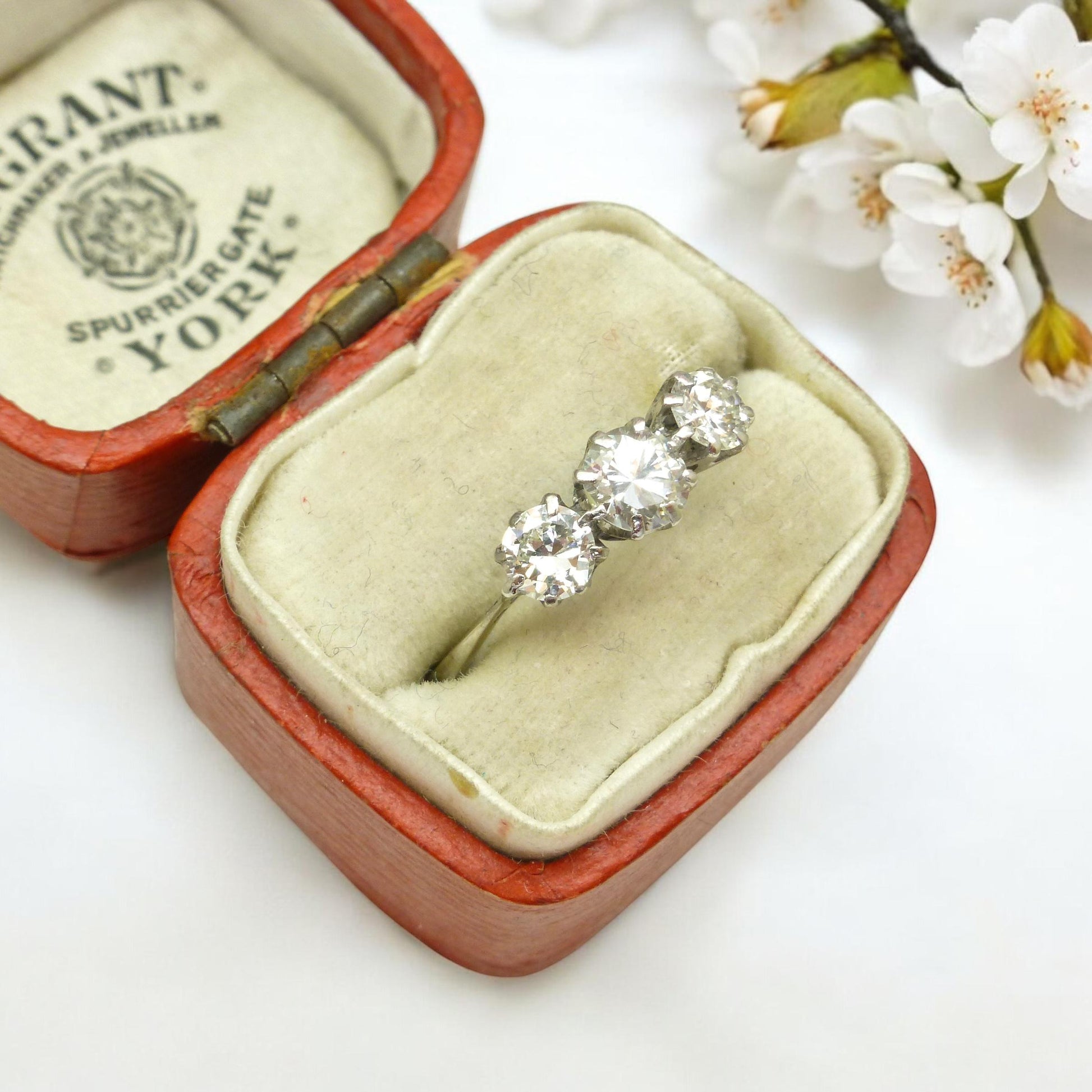 Antique Platinum natural diamond three stone trilogy ring 0.90ct