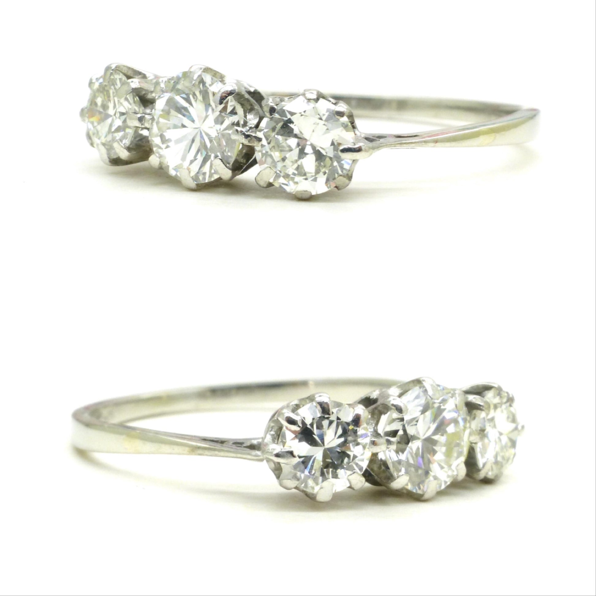 Antique Platinum natural diamond three stone trilogy ring 0.90ct