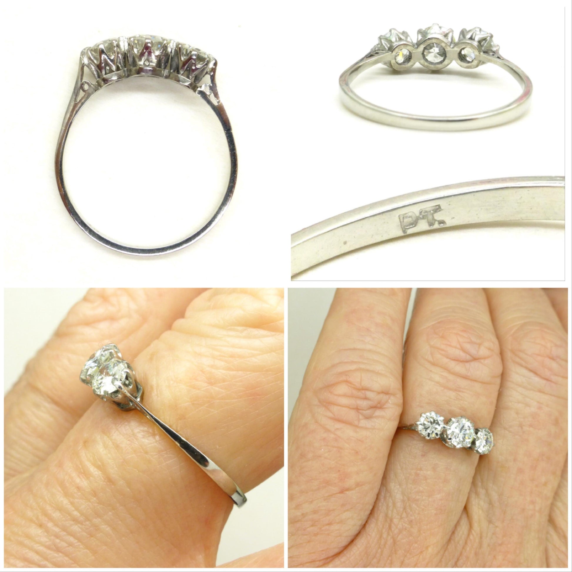 Antique Platinum natural diamond three stone trilogy ring 0.90ct