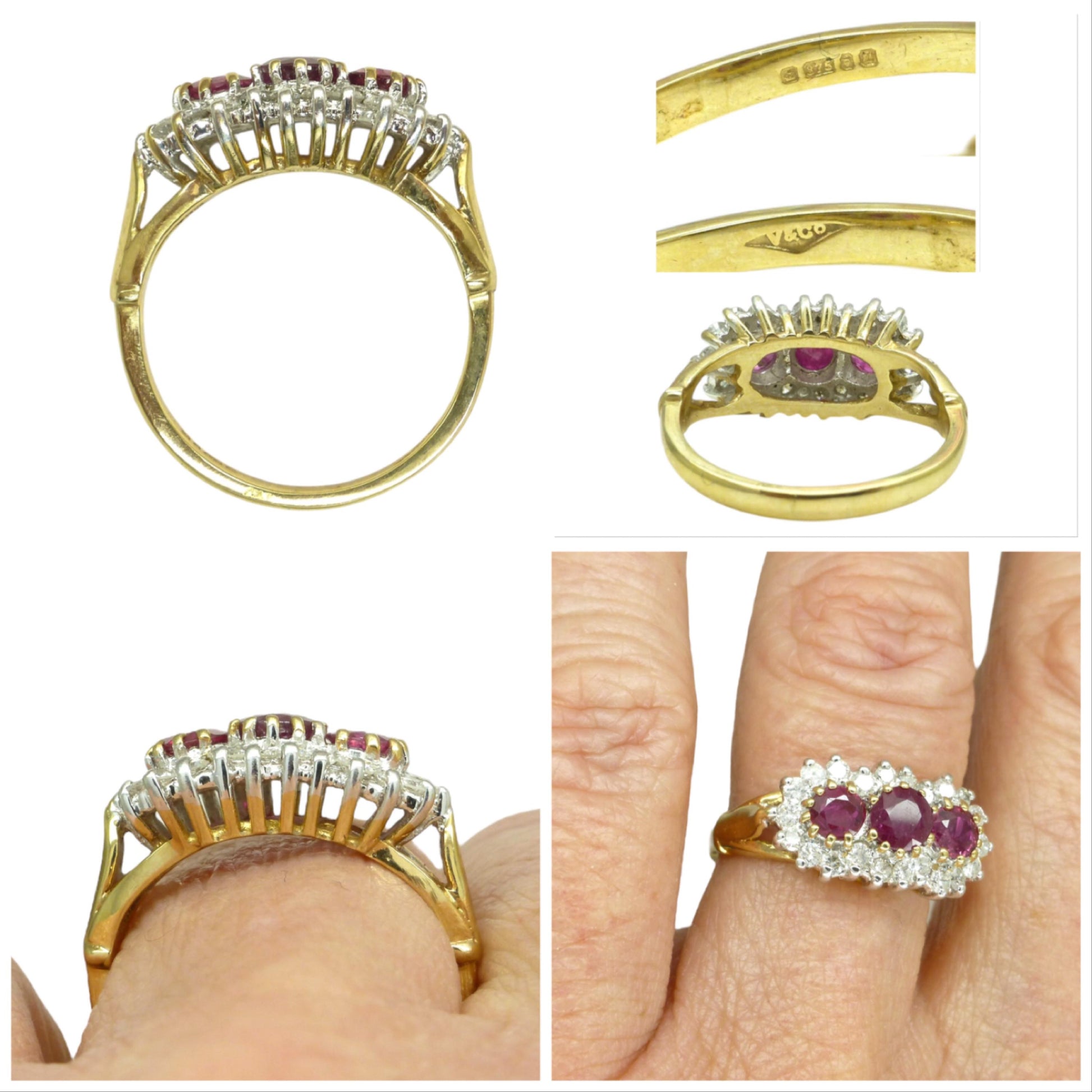 Vintage 9ct ruby & diamond trilogy cluster ring ~ engagement ~ anniversary