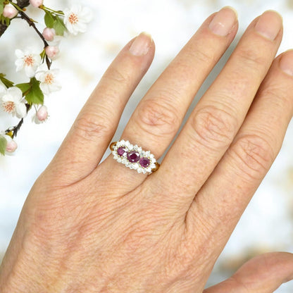 Vintage 9ct ruby & diamond trilogy cluster ring ~ engagement ~ anniversary