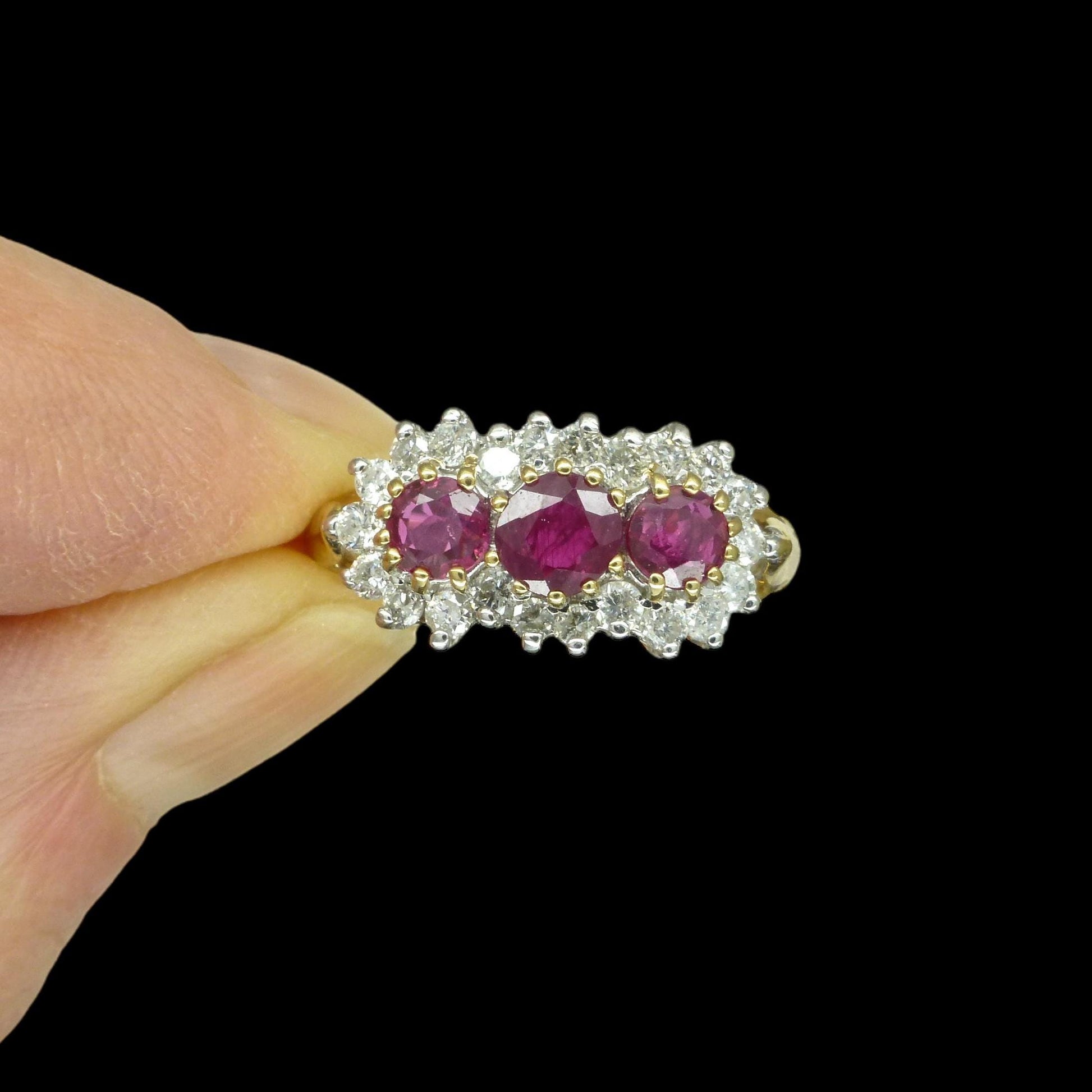 Vintage 9ct ruby & diamond trilogy cluster ring ~ engagement ~ anniversary