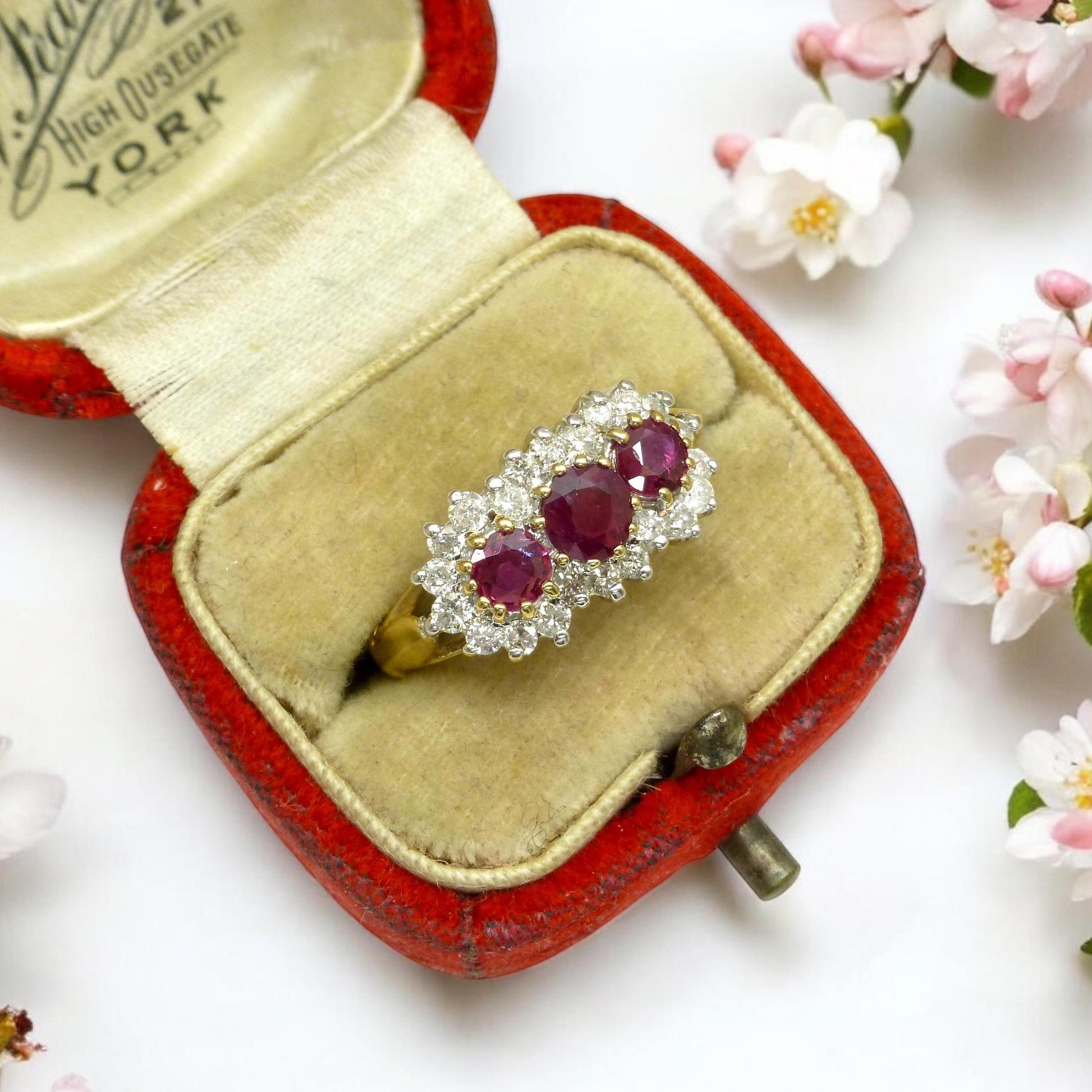 Vintage 9ct ruby & diamond trilogy cluster ring ~ engagement ~ anniversary
