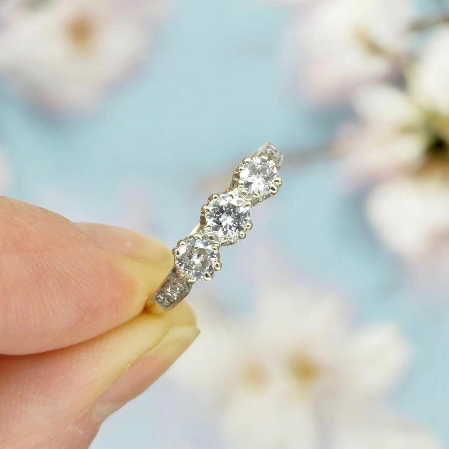 Vintage 18ct natural diamond three stone trilogy ring 0.60ct ~ c1950's