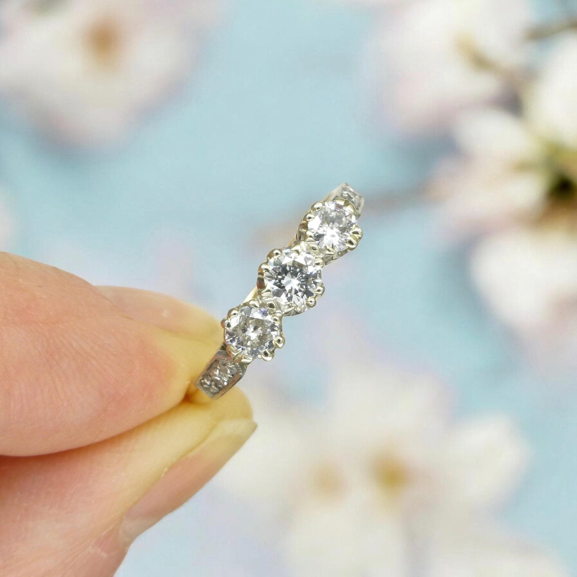 Vintage 18ct natural diamond three stone trilogy ring 0.60ct ~ c1950's