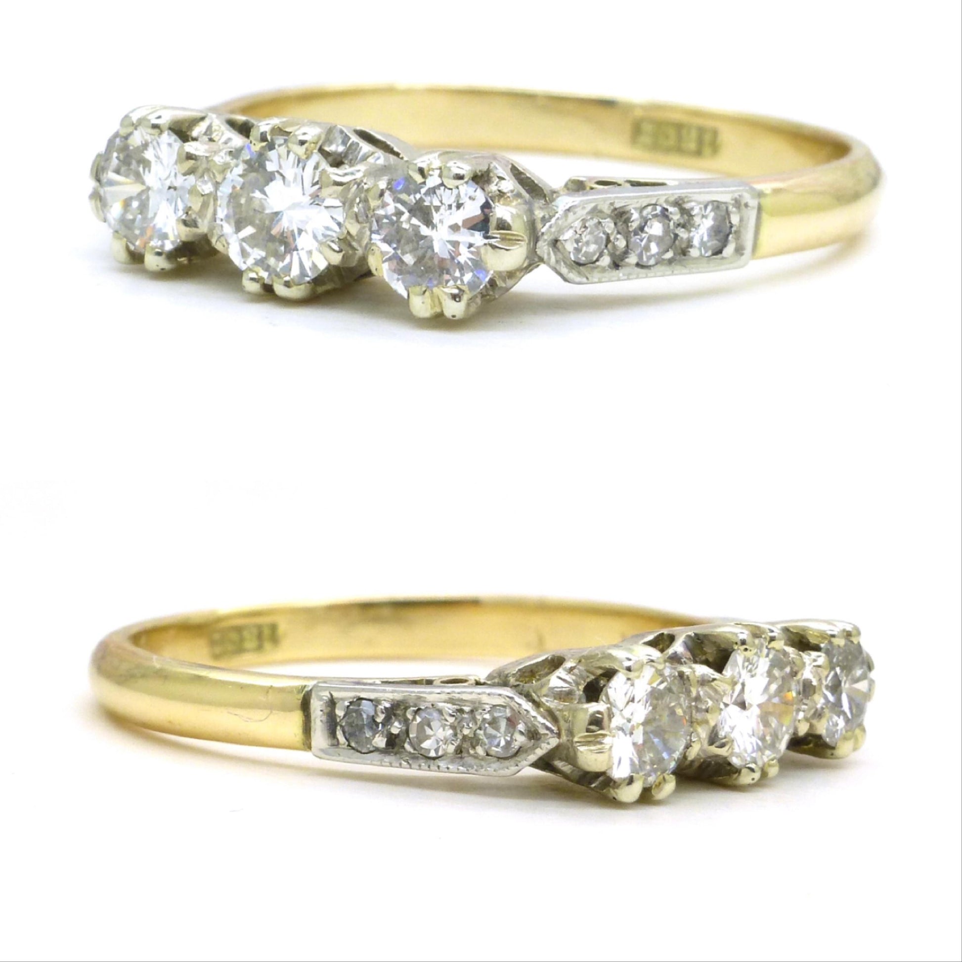 Vintage 18ct natural diamond three stone trilogy ring 0.60ct ~ c1950's