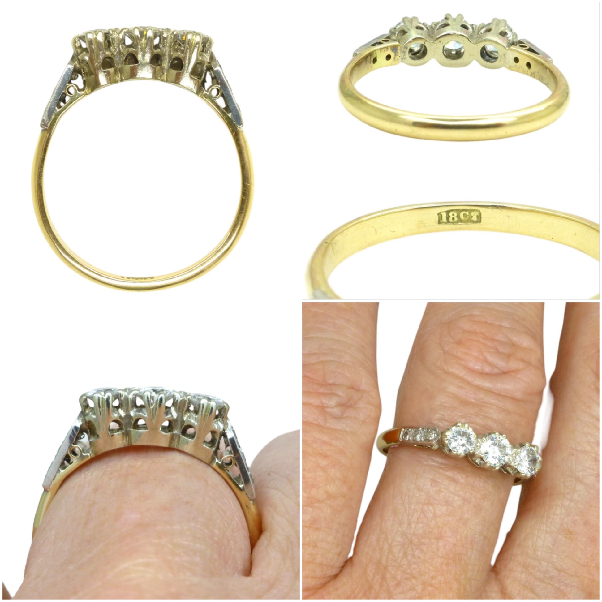 Vintage 18ct natural diamond three stone trilogy ring 0.60ct ~ c1950's
