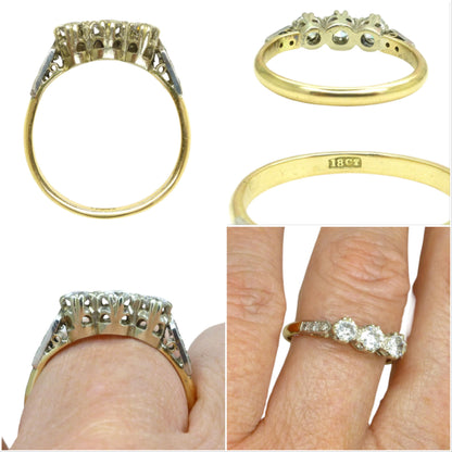 Vintage 18ct natural diamond three stone trilogy ring 0.60ct ~ c1950's