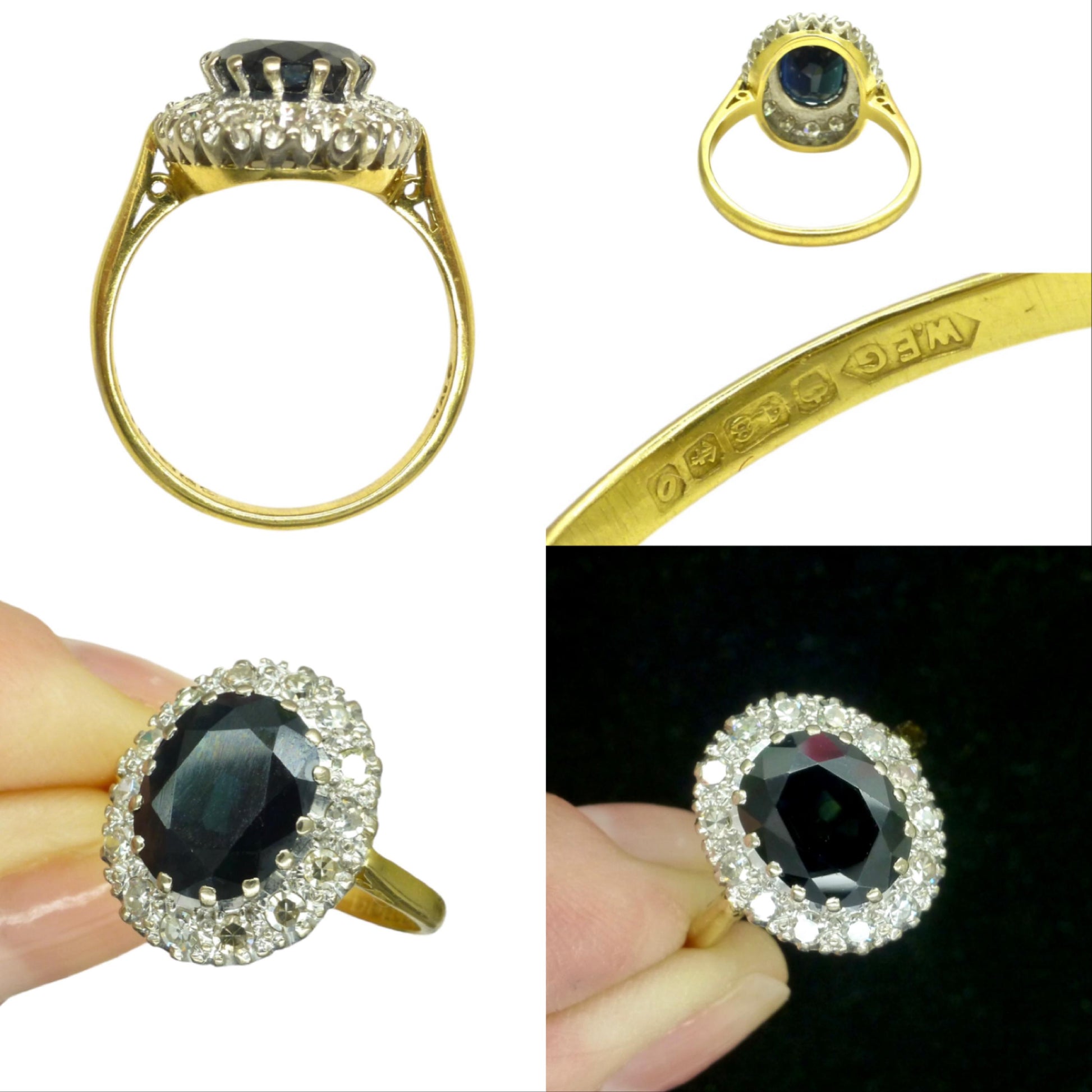 Vintage 3.15ct sapphire and diamond 18ct gold oval cluster ring ~ Princess of Wales ring
