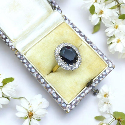 Vintage 3.15ct sapphire and diamond 18ct gold oval cluster ring ~ Princess of Wales ring