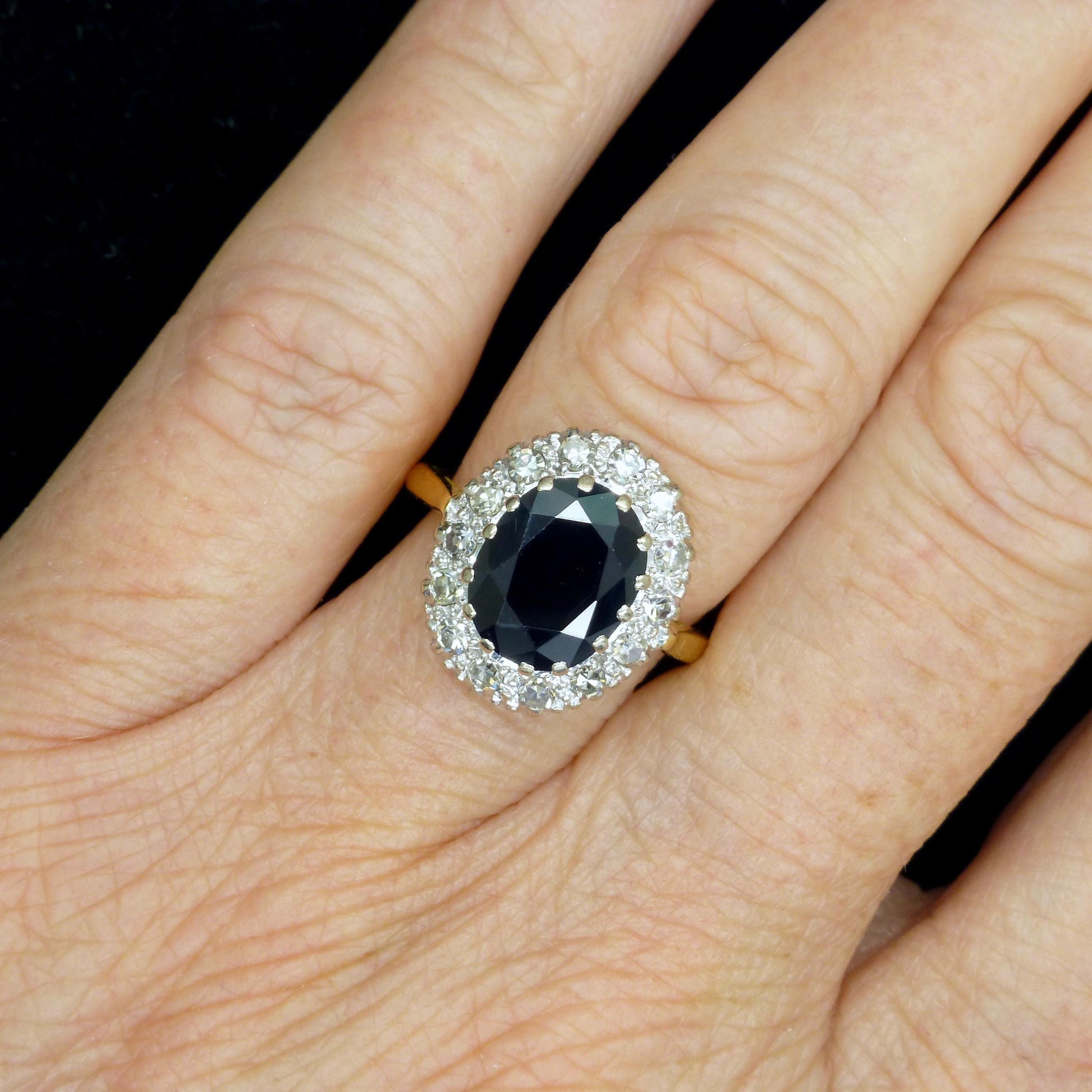 Vintage 3.15ct sapphire and diamond 18ct gold oval cluster ring ~ Princess of Wales ring