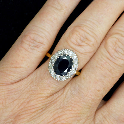 Vintage 3.15ct sapphire and diamond 18ct gold oval cluster ring ~ Princess of Wales ring