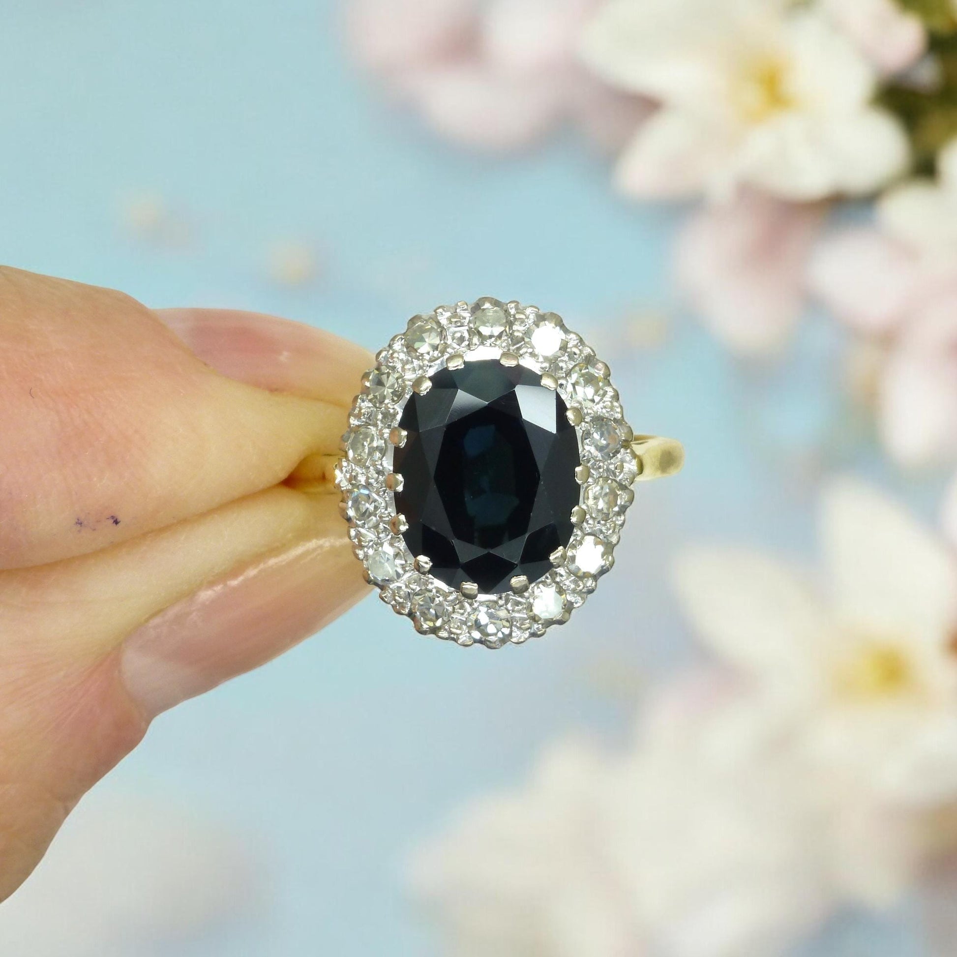 Vintage 3.15ct sapphire and diamond 18ct gold oval cluster ring ~ Princess of Wales ring