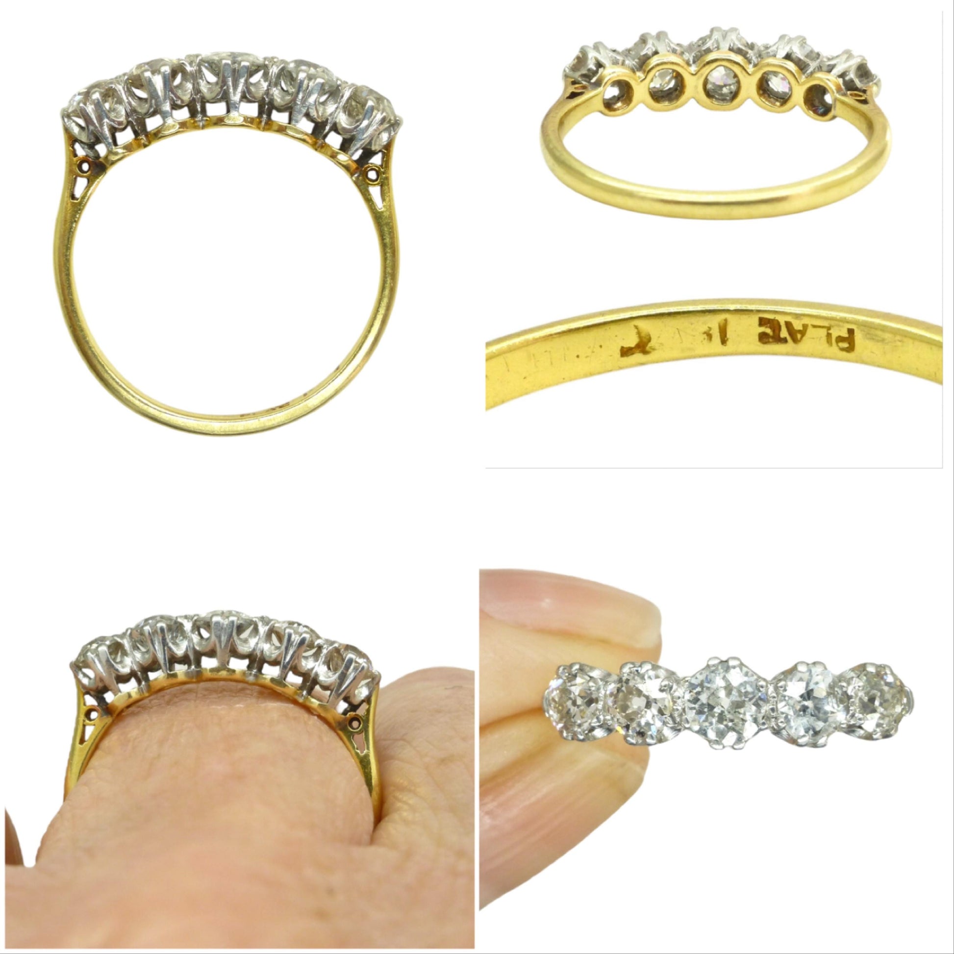 Antique 18ct platinum natural old cut diamond five stone ring 0.75ct