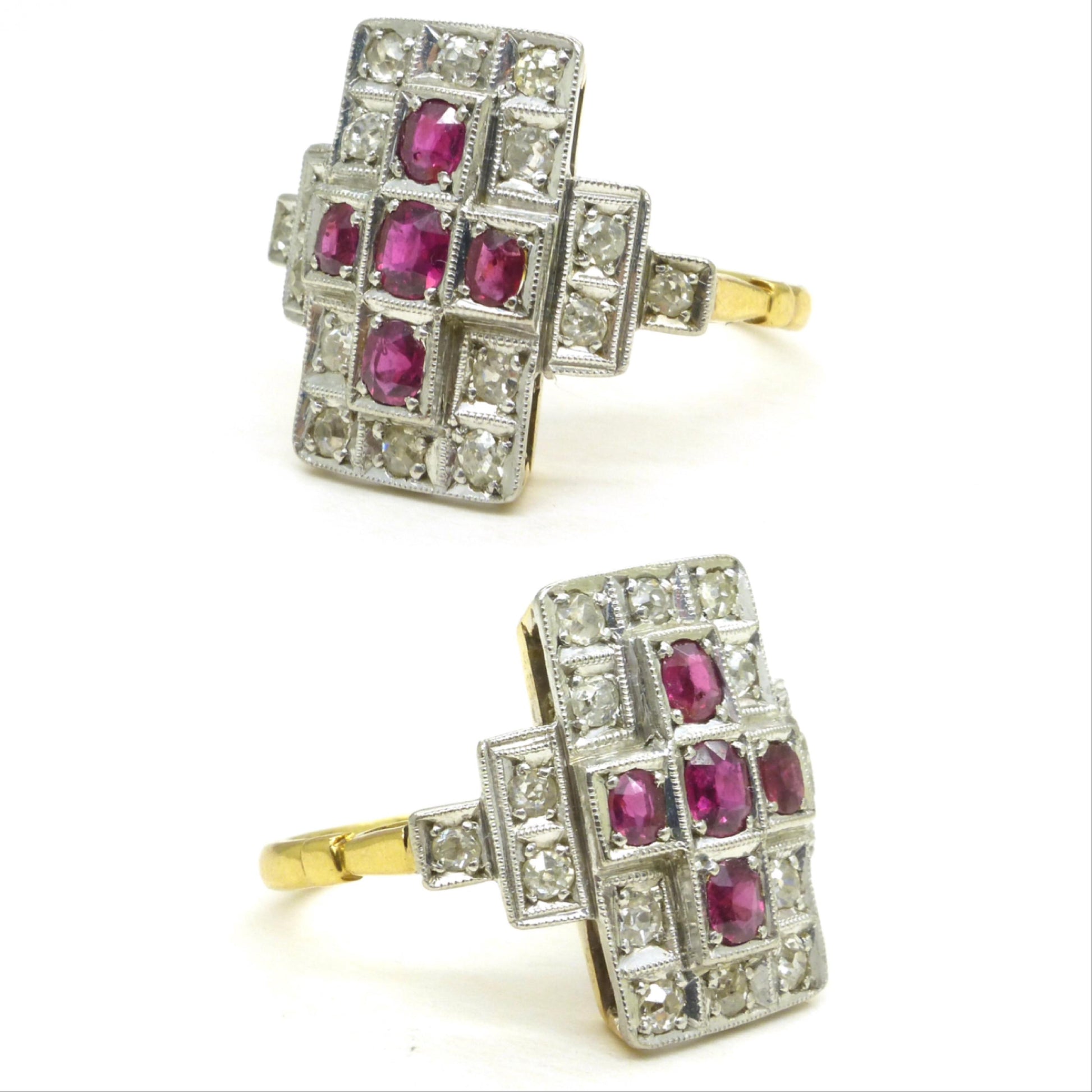 Antique Art Deco 18ct Platinum Ruby & natural diamond panel ring ~ Rectangle plaque ring