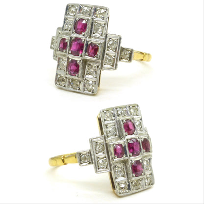 Antique Art Deco 18ct Platinum Ruby & natural diamond panel ring ~ Rectangle plaque ring
