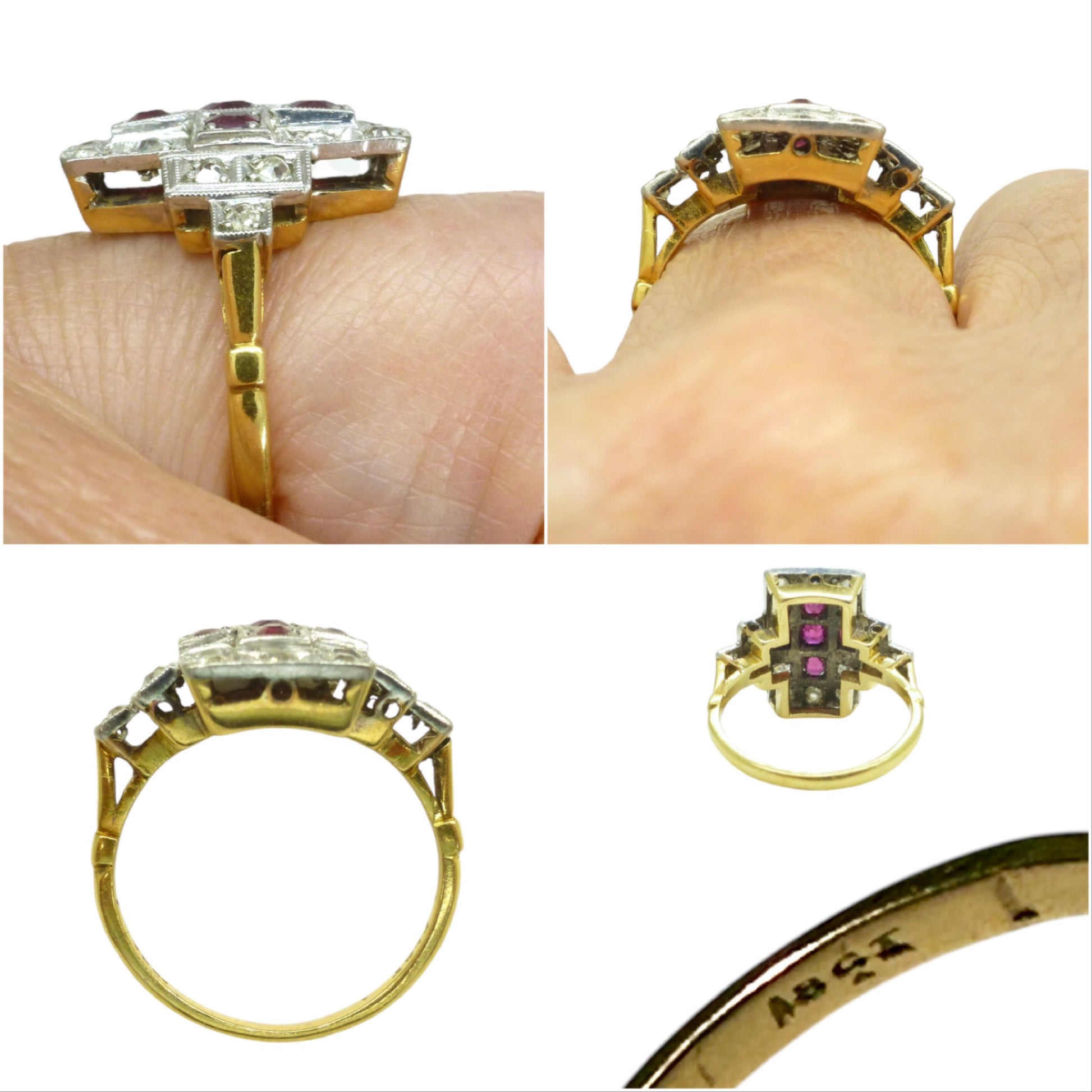 Antique Art Deco 18ct Platinum Ruby & natural diamond panel ring ~ Rectangle plaque ring