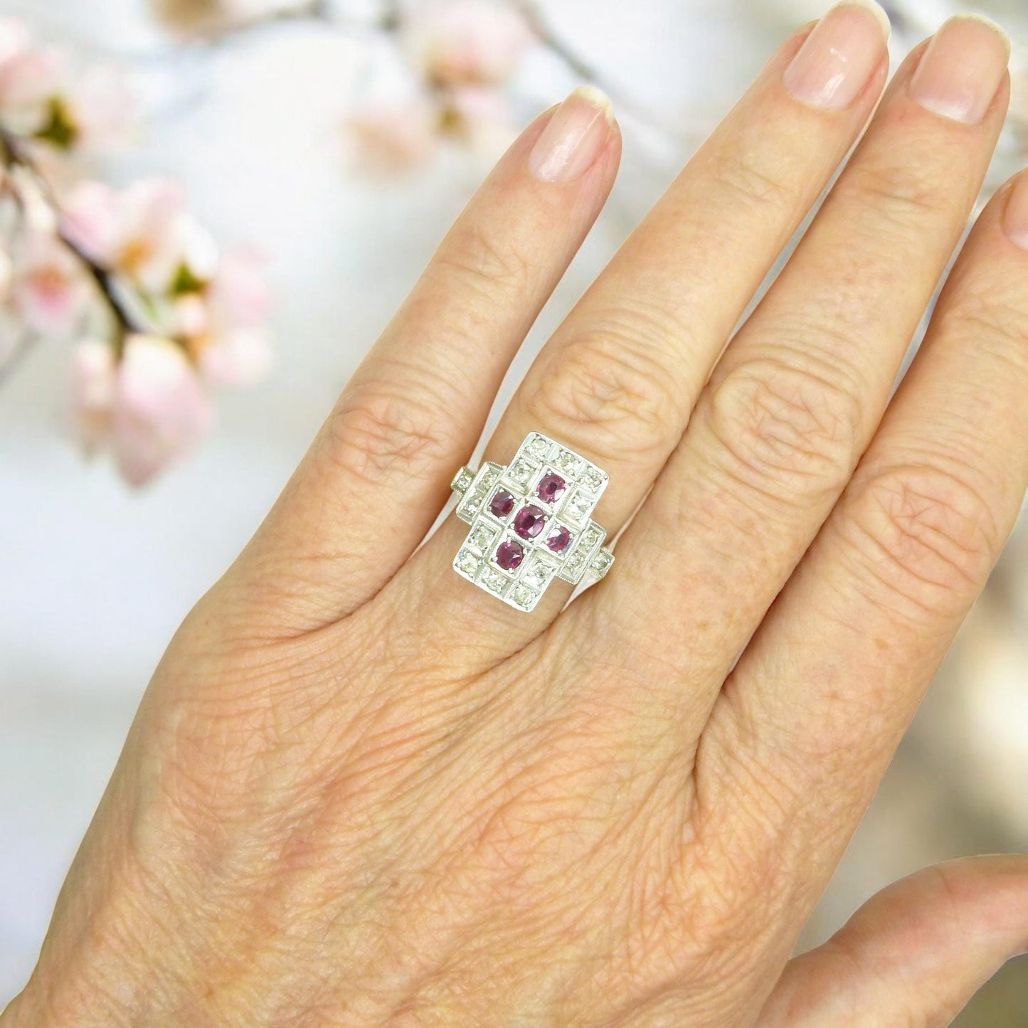 Antique Art Deco 18ct Platinum Ruby & natural diamond panel ring ~ Rectangle plaque ring