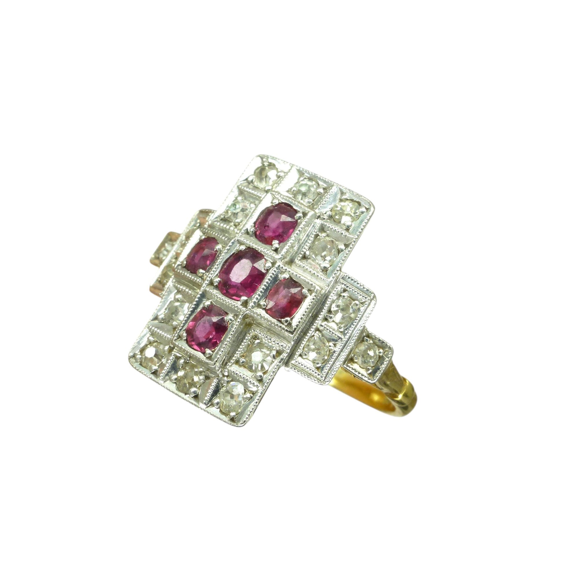 Antique Art Deco 18ct Platinum Ruby & natural diamond panel ring ~ Rectangle plaque ring