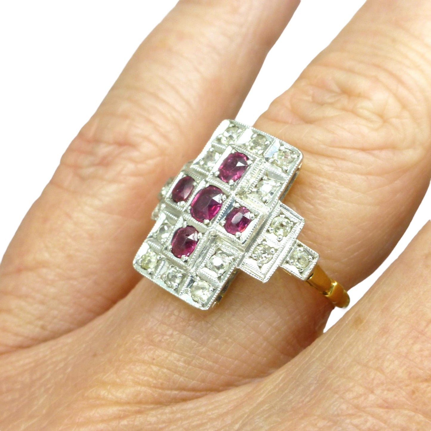 Antique Art Deco 18ct Platinum Ruby & natural diamond panel ring ~ Rectangle plaque ring