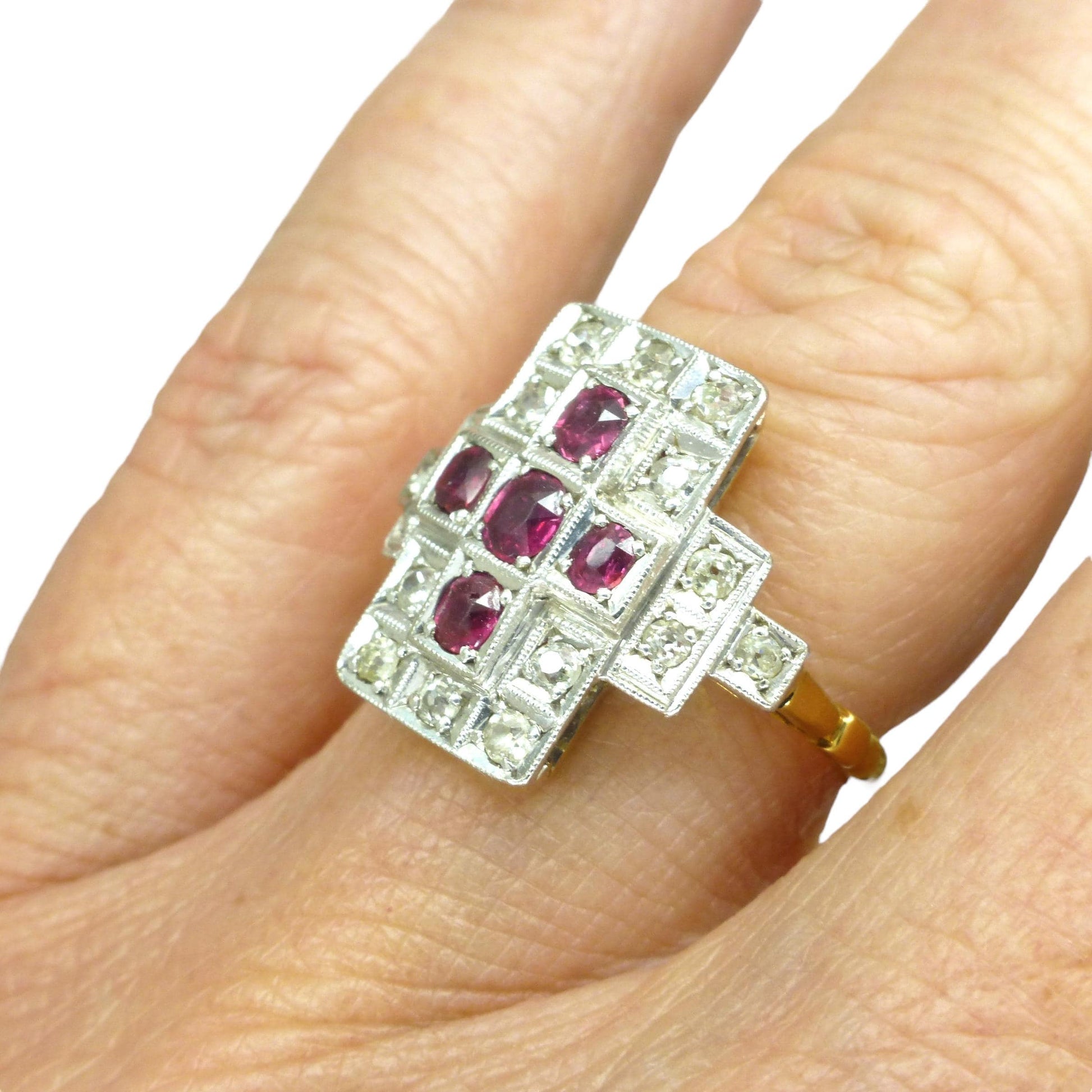 Antique Art Deco 18ct Platinum Ruby & natural diamond panel ring ~ Rectangle plaque ring