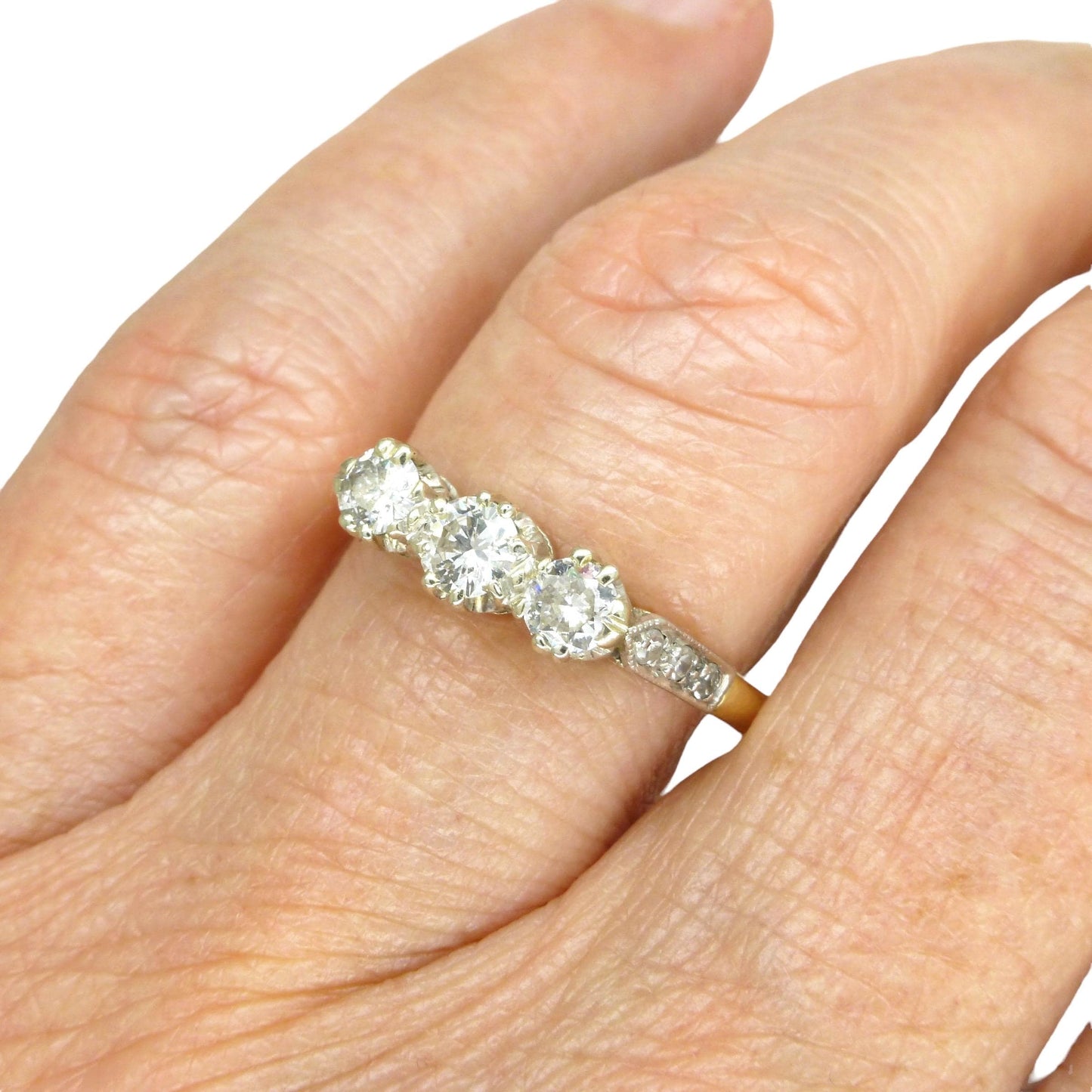 Vintage 18ct natural diamond three stone trilogy ring 0.60ct ~ c1950's